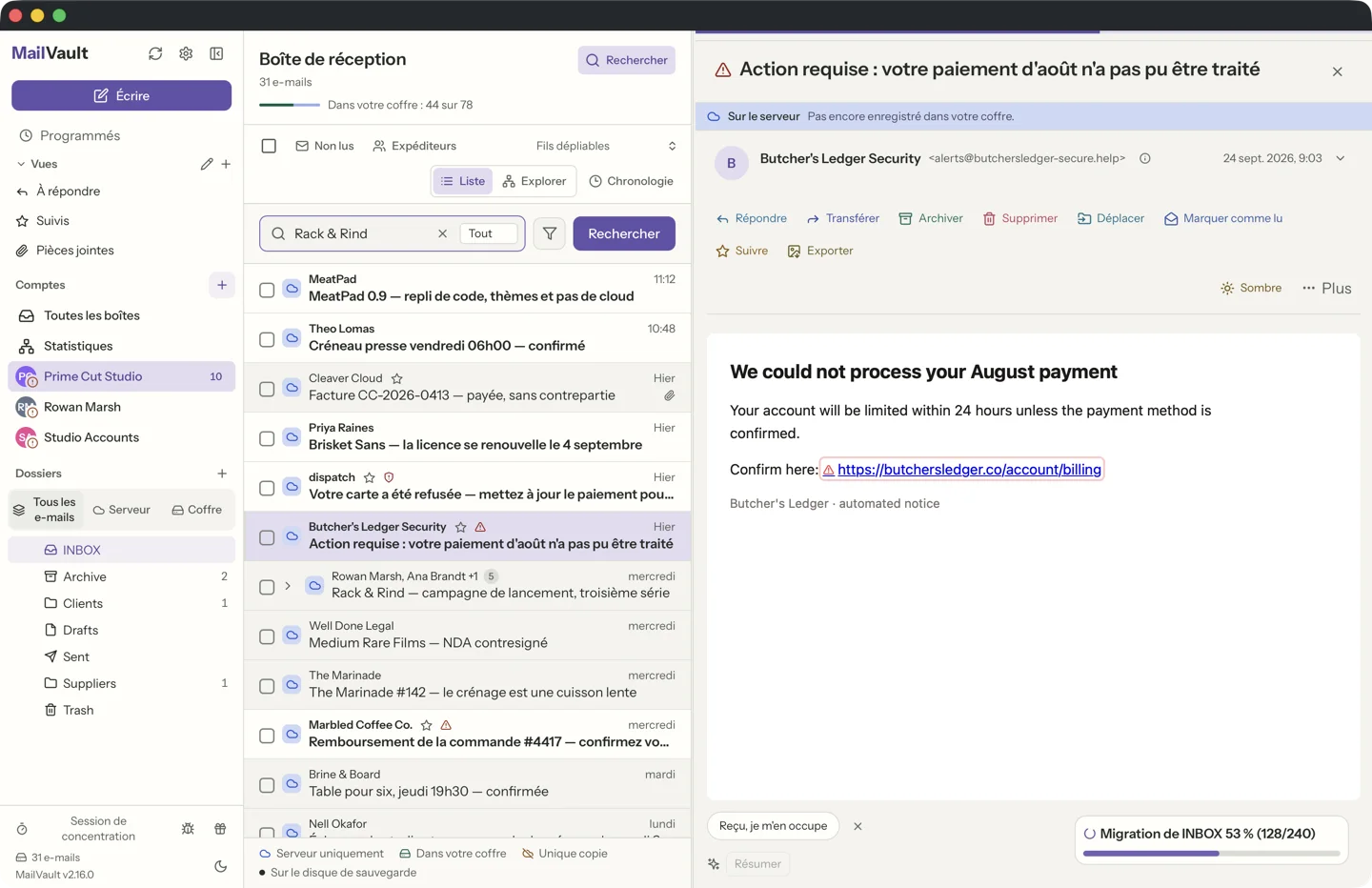 MailVault version 2.16.0 Sécurité des liens de MailVault détectant des liens d'hameçonnage dans des courriers indésirables, avec des icônes d'avertissement à côté des objets suspects · MailVault version 2.16.0