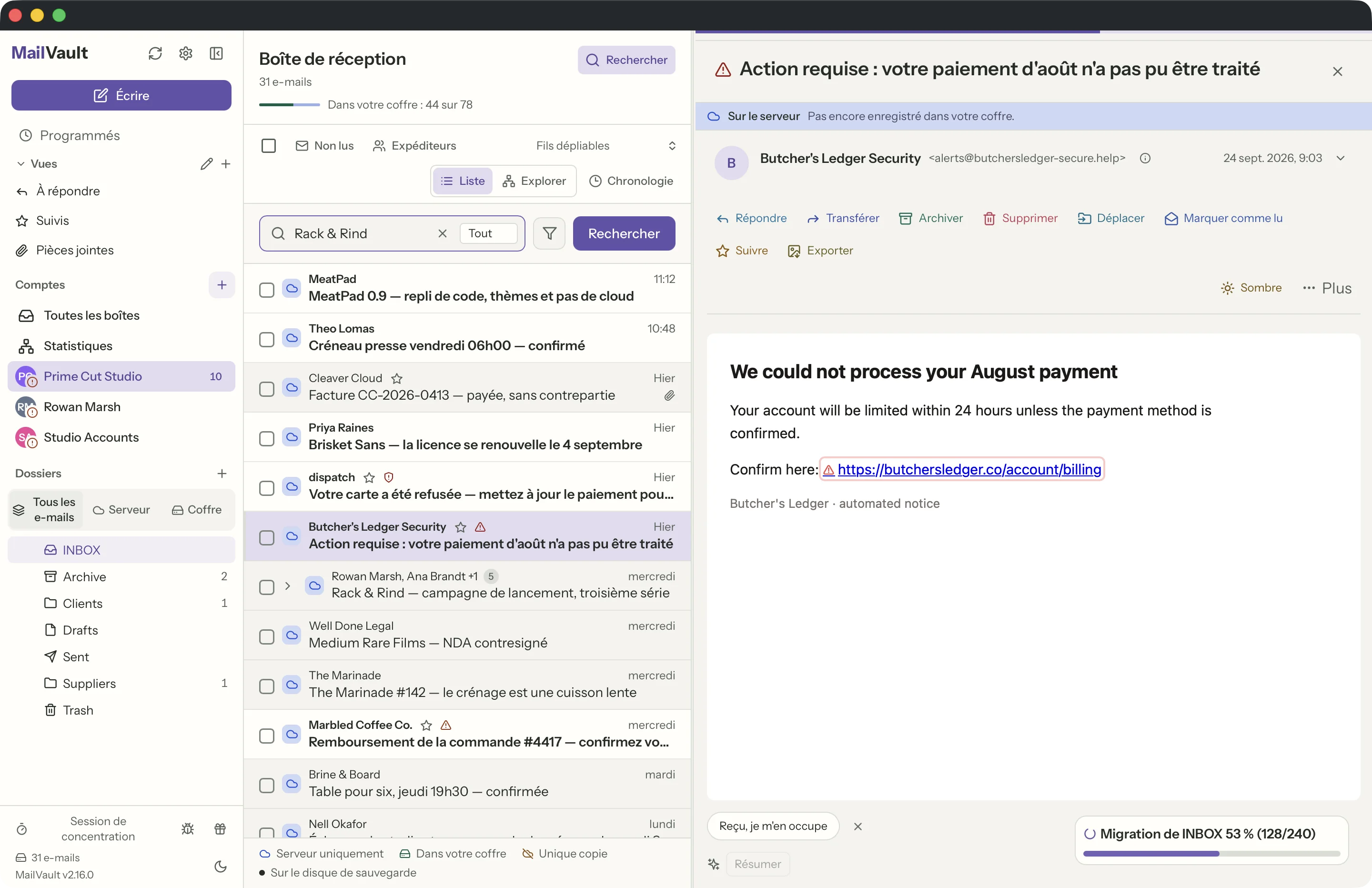 Sécurité des liens dans la fenêtre MailVault · MailVault version 2.16.0
