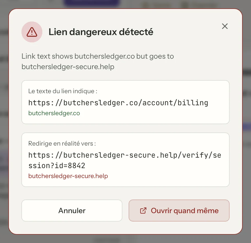 Sécurité des liens dans MailVault, en gros plan · MailVault version 2.16.0