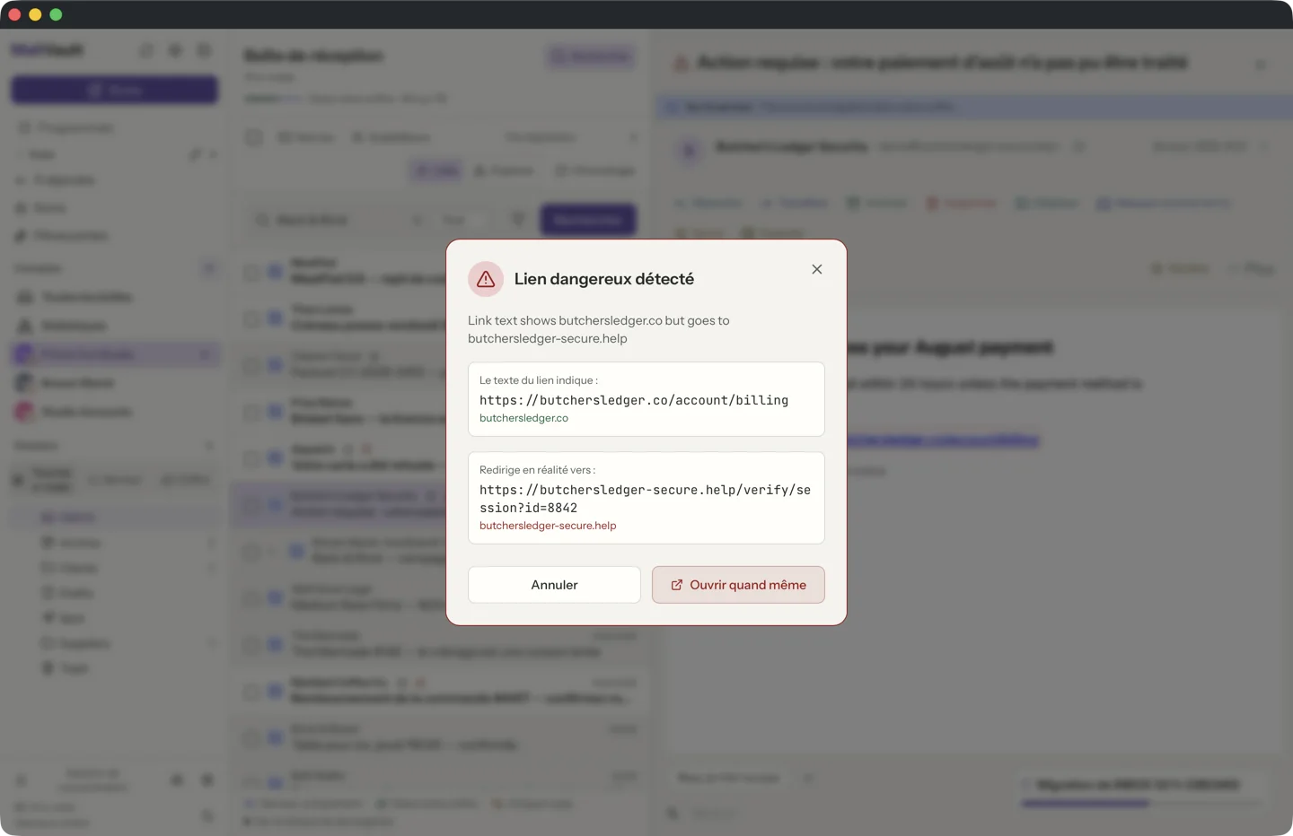 MailVault version 2.16.0 Fenêtre de lien suspect de MailVault, montrant le texte du lien face à la vraie destination de redirection · MailVault version 2.16.0
