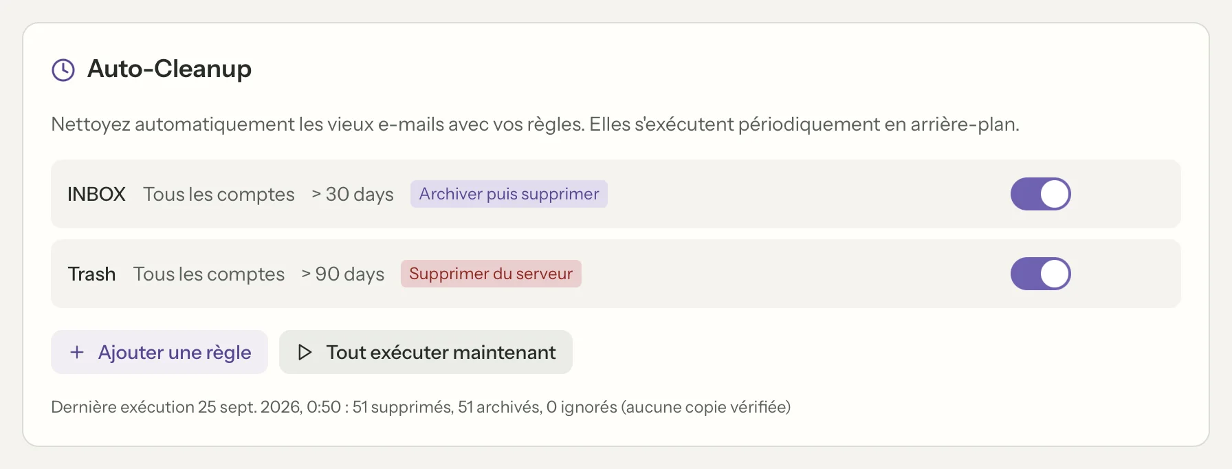 Archiver et supprimer dans MailVault, en gros plan · MailVault version 2.16.0
