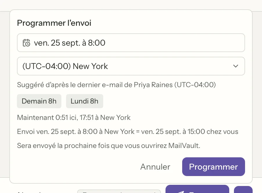 Envoi programmé dans MailVault, en gros plan · MailVault version 2.16.0