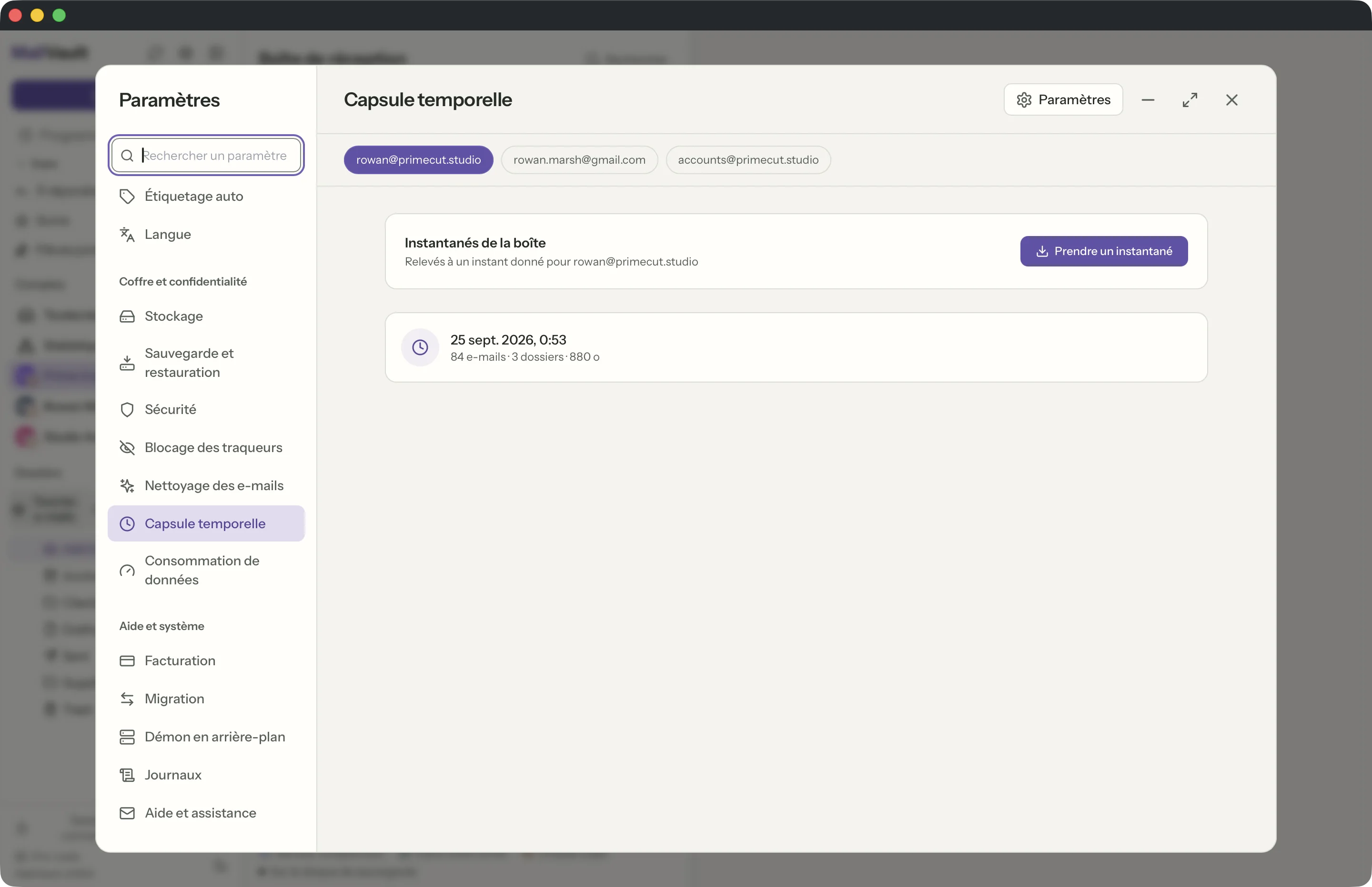 Capsule temporelle dans la fenêtre MailVault · MailVault version 2.16.0