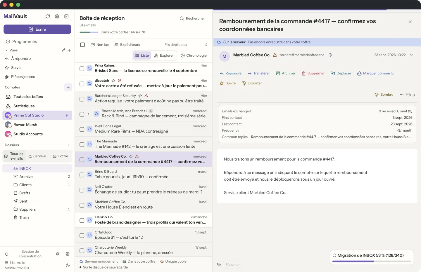 MailVault version 2.16.0 Fiche expéditeur de MailVault indiquant que l'adresse Reply-To diffère de l'expéditeur — détection d'hameçonnage · MailVault version 2.16.0