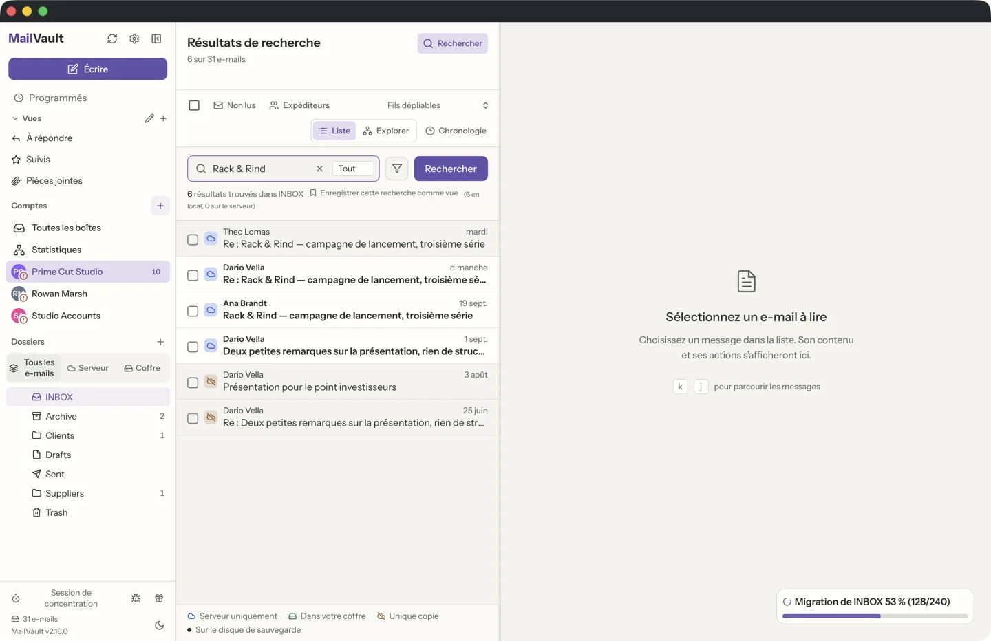 Résultats de recherche de MailVault pour Rack and Rind. La ligne sous le champ de recherche indique 7 résultats trouvés dans INBOX, 7 en local, 0 sur le serveur, et la liste montre les sept messages correspondants. · MailVault version 2.16.0 fr