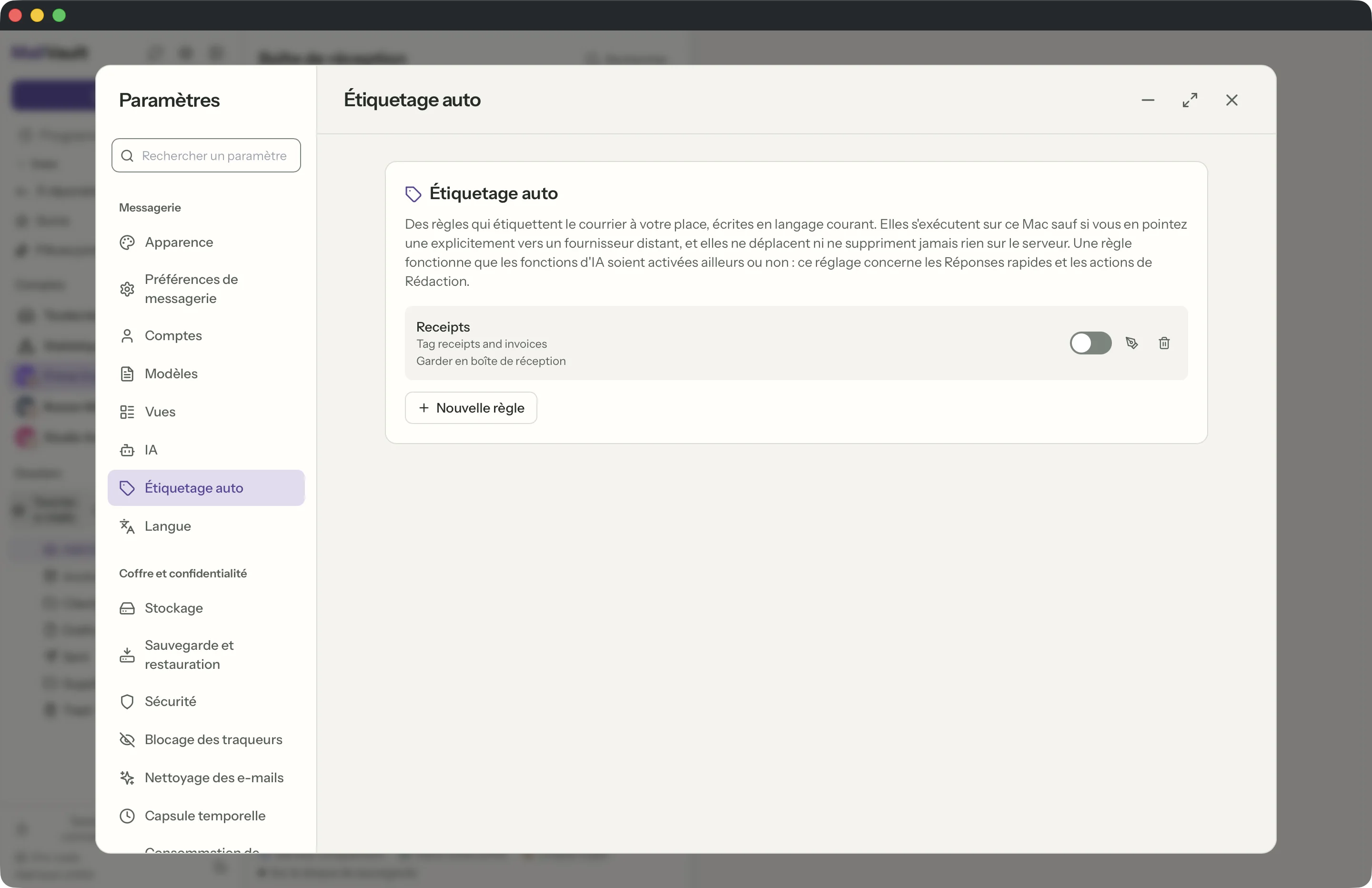 Règles d'étiquetage dans la fenêtre MailVault · MailVault version 2.16.0