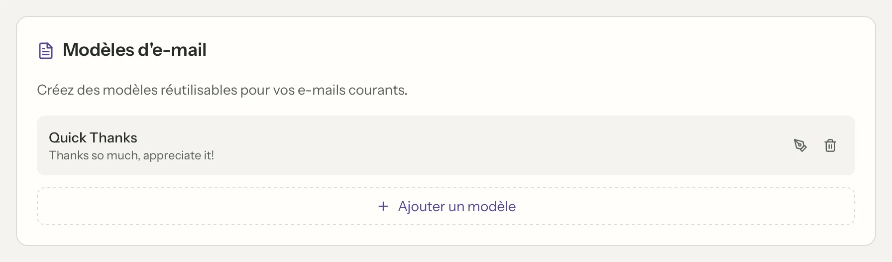 MailVault version 2.16.0 fr Paramètres des modèles d’e-mails montrant un modèle « Remerciement rapide » enregistré et le bouton Ajouter un modèle · MailVault version 2.16.0 fr