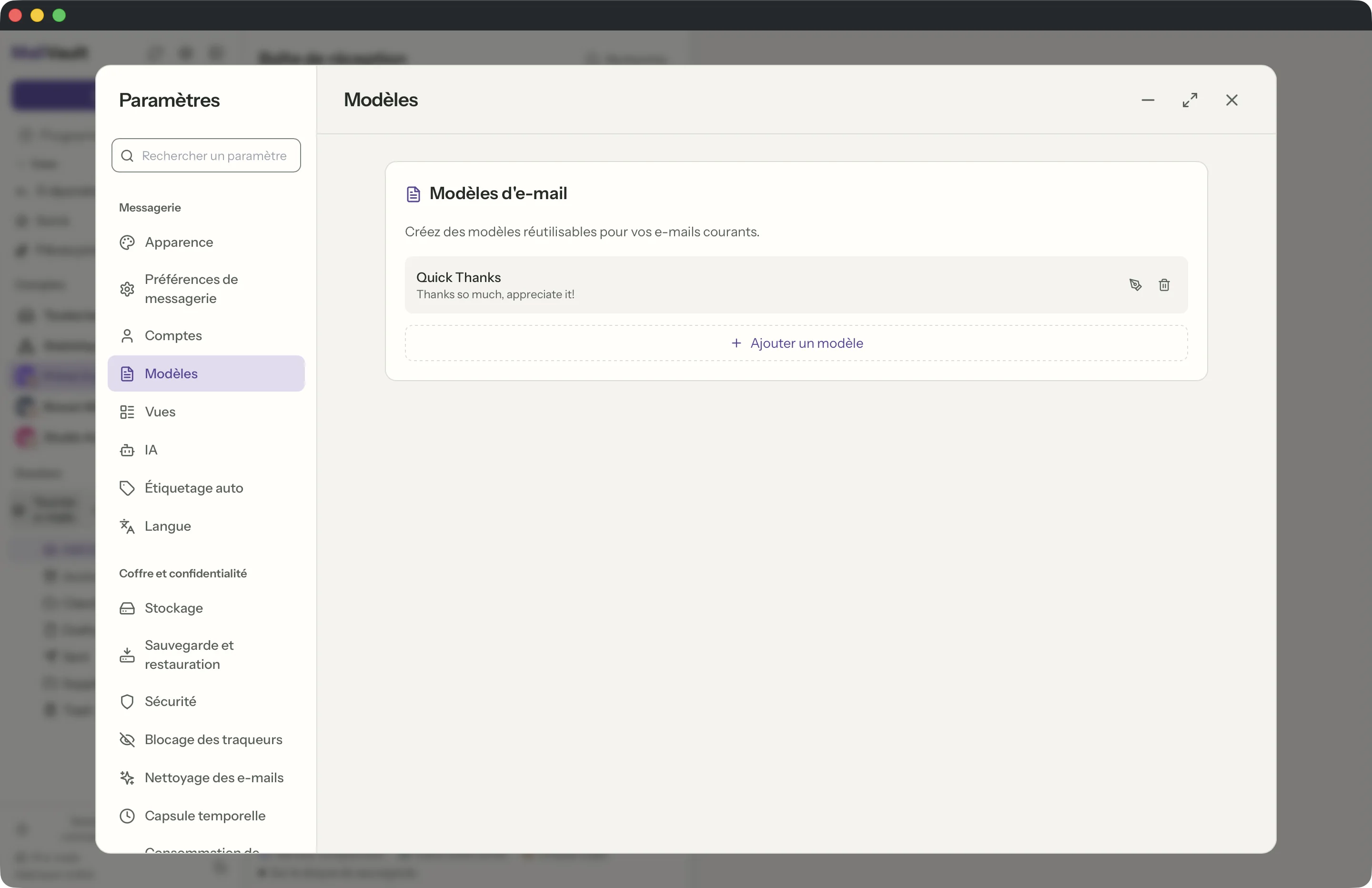 Modèles dans la fenêtre MailVault · MailVault version 2.16.0