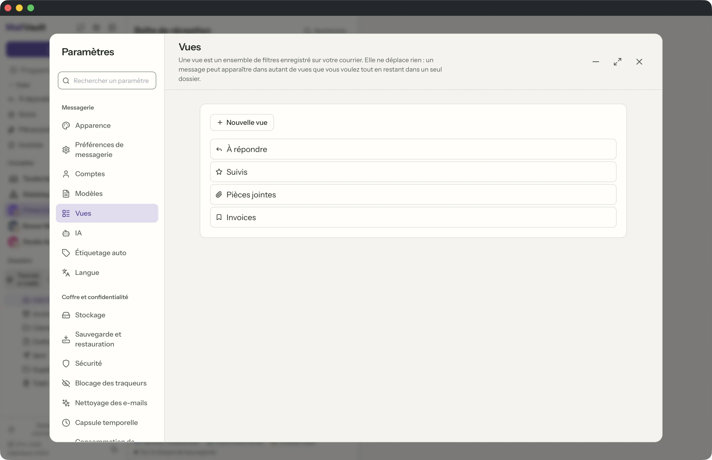 Vues enregistrées dans la fenêtre MailVault · MailVault version 2.16.0
