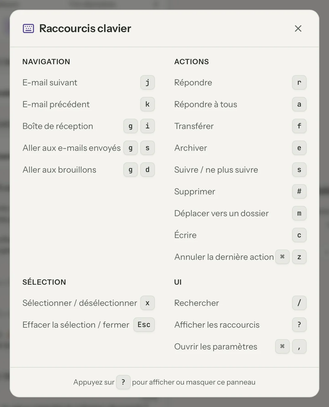 Raccourcis clavier dans MailVault, en gros plan · MailVault version 2.16.0