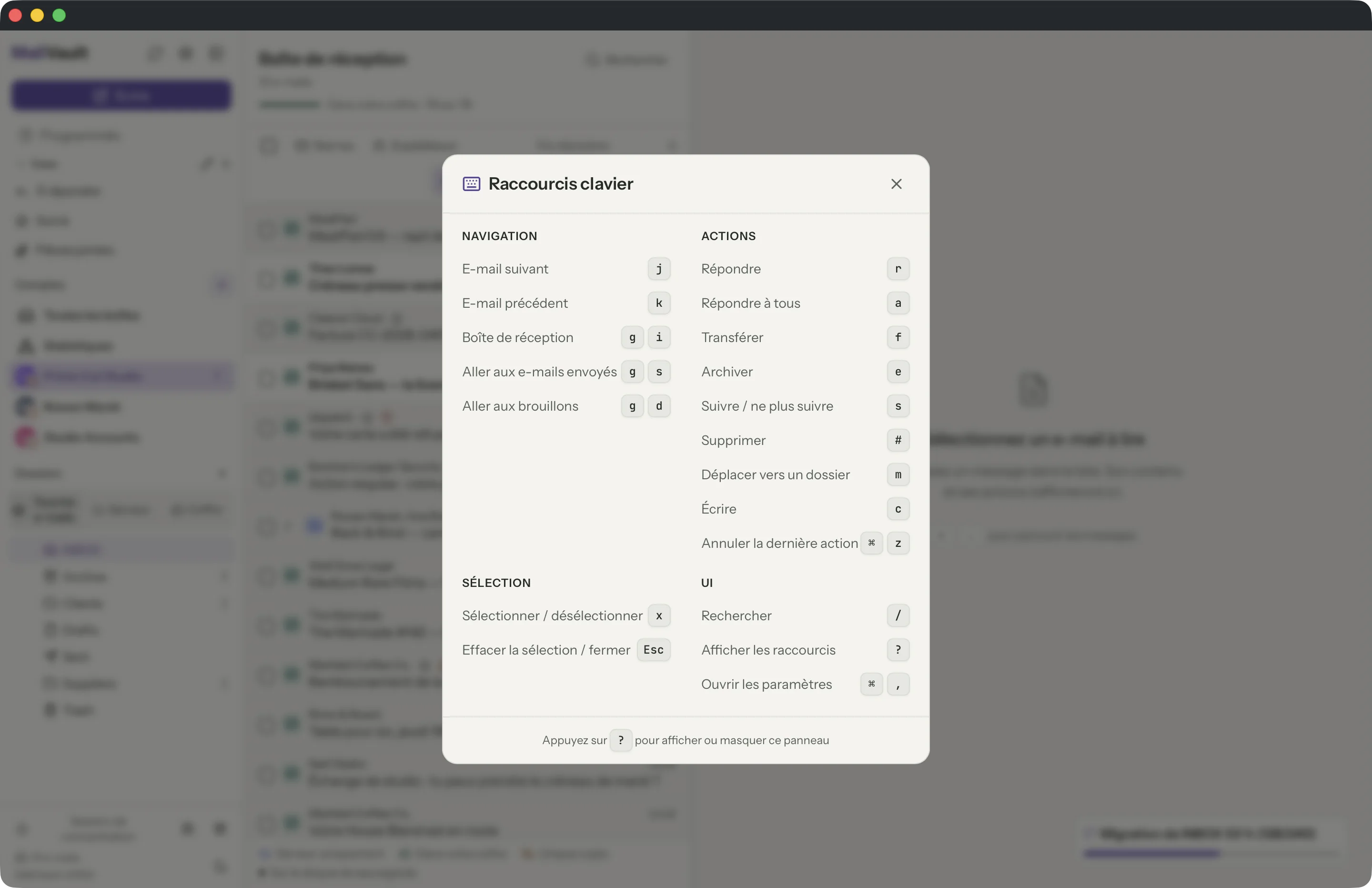 Raccourcis clavier dans la fenêtre MailVault · MailVault version 2.16.0