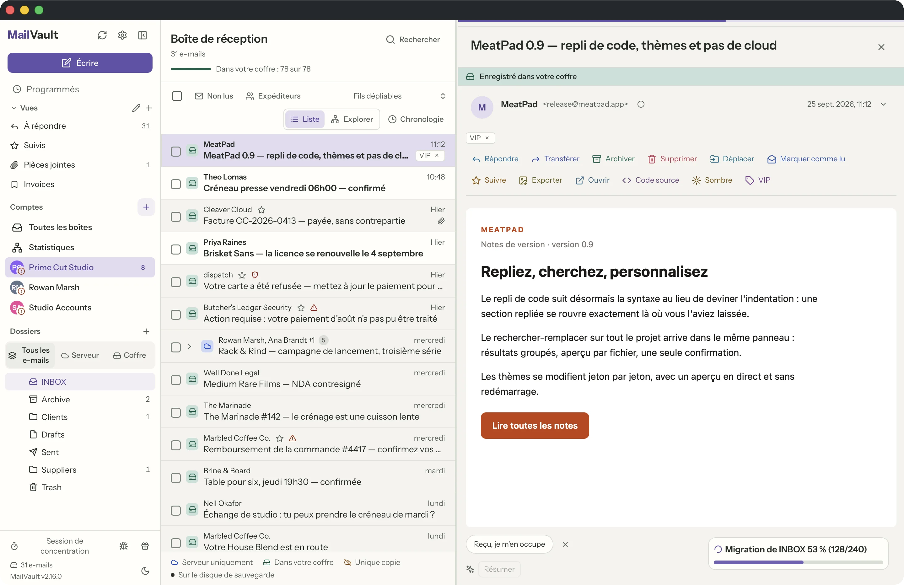 Tags dans la fenêtre MailVault · MailVault version 2.16.0