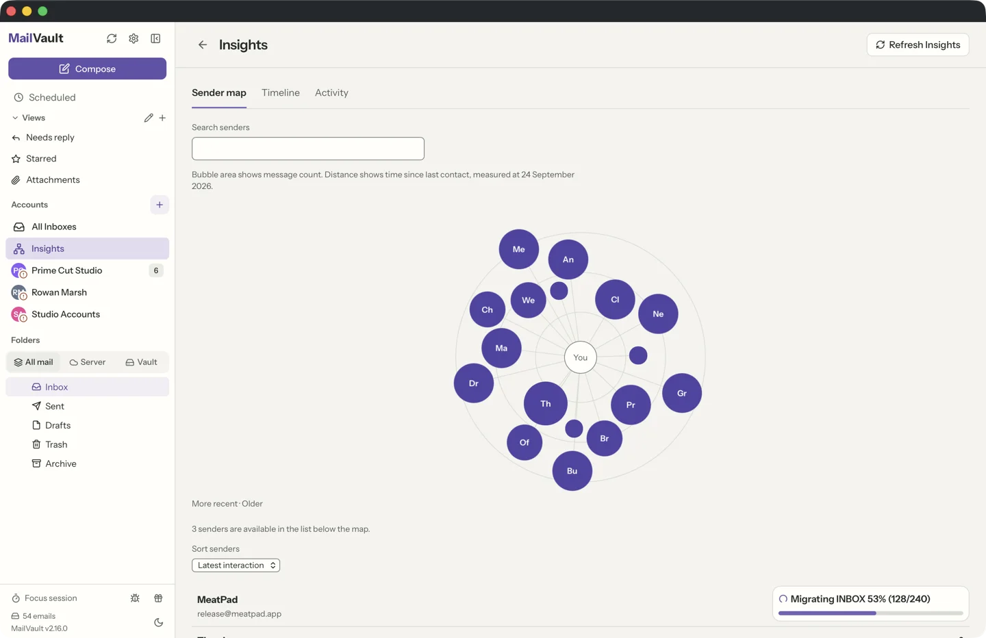 MailVault version 2.16.0 en MailVault Insights sender map, with correspondents drawn as bubbles sized by message count and placed by recency · MailVault version 2.16.0 en
