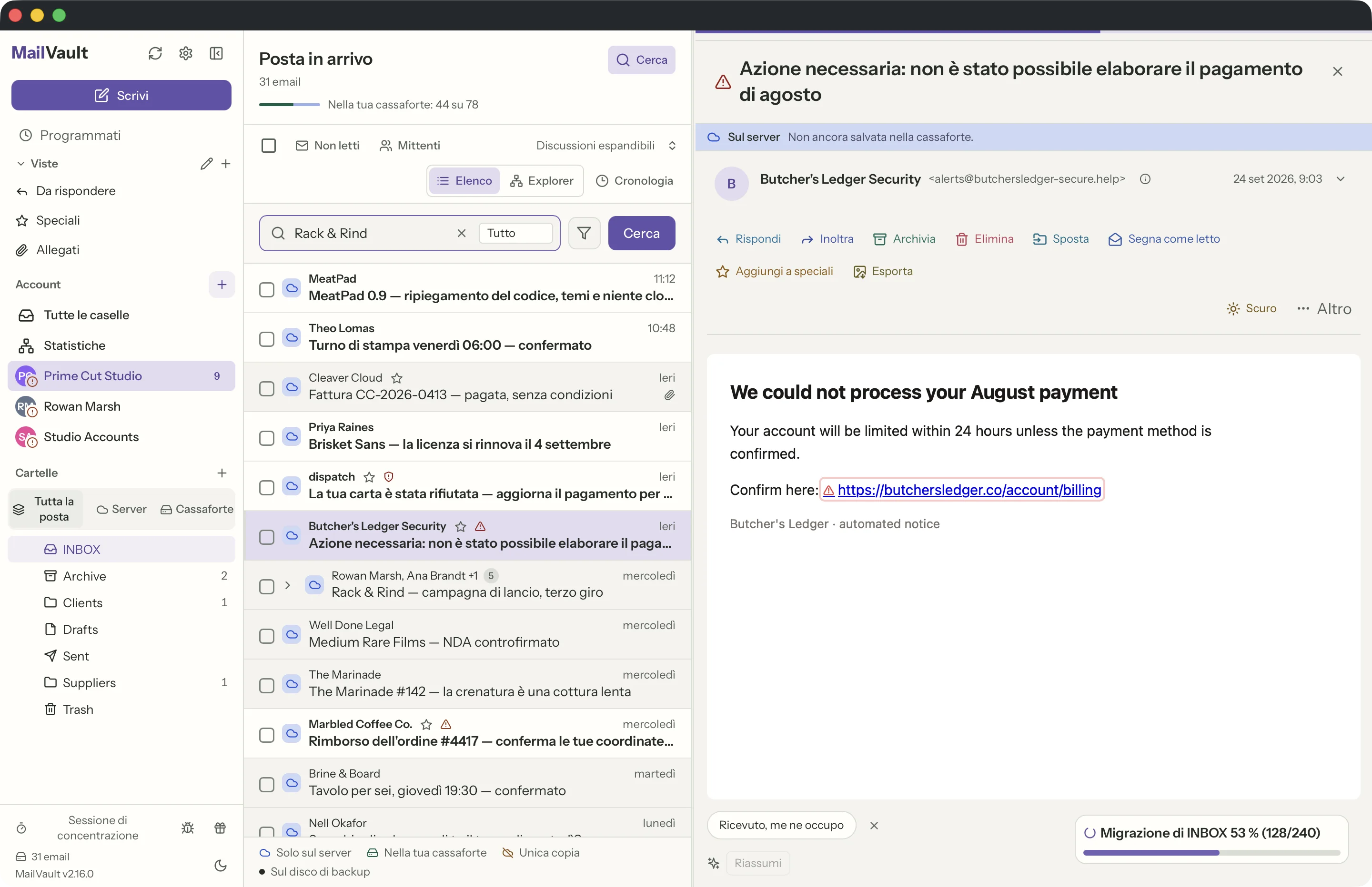 Sicurezza dei link nella finestra di MailVault · MailVault version 2.16.0