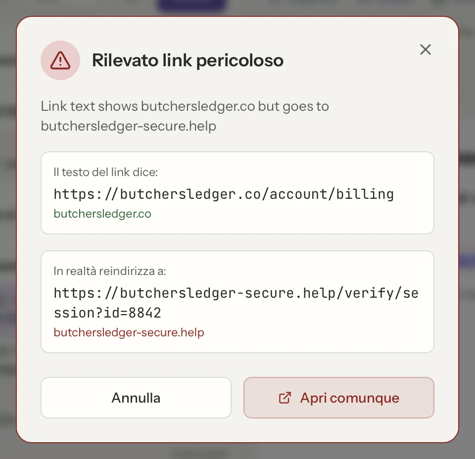 Sicurezza dei link in MailVault, primo piano · MailVault version 2.16.0