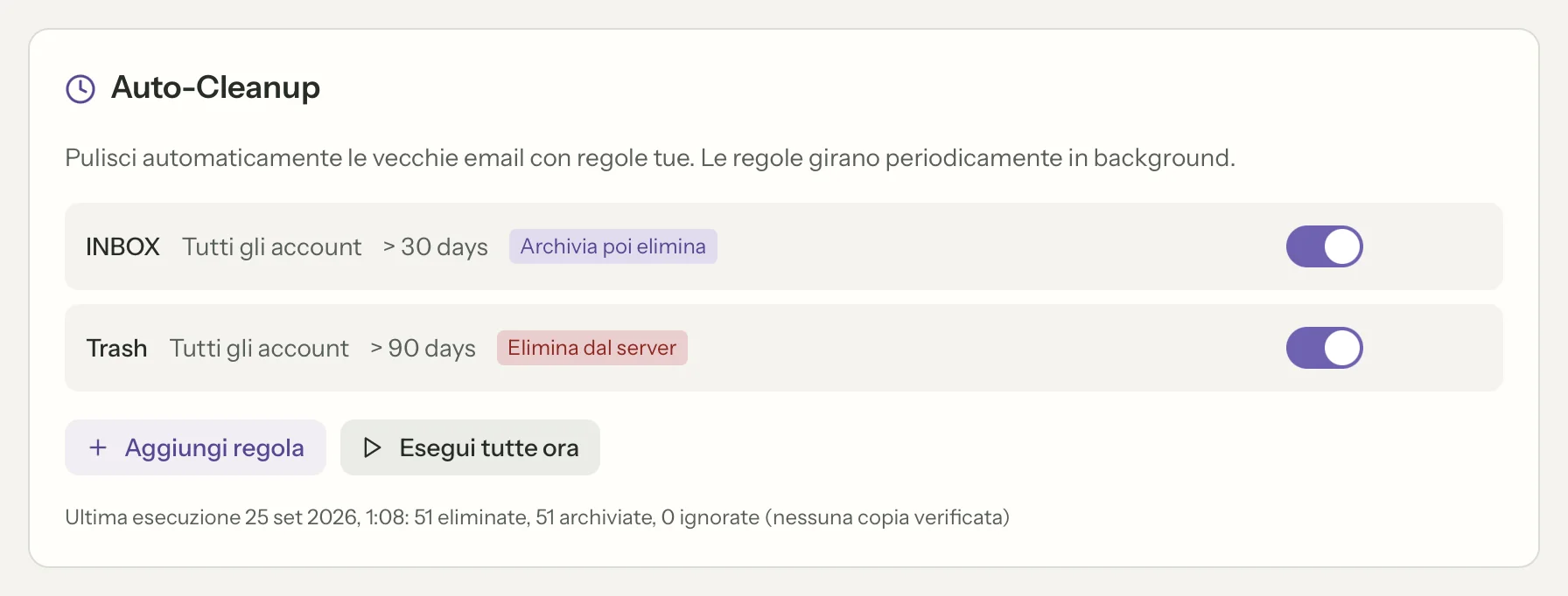 Archivia & Elimina in MailVault, primo piano · MailVault version 2.16.0