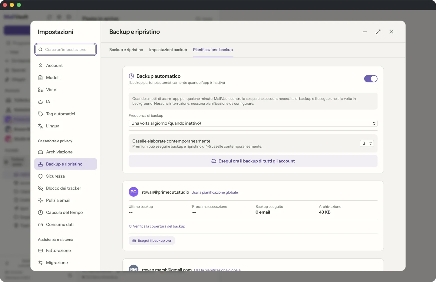 Backup automatici programmati in MailVault · MailVault version 2.16.0