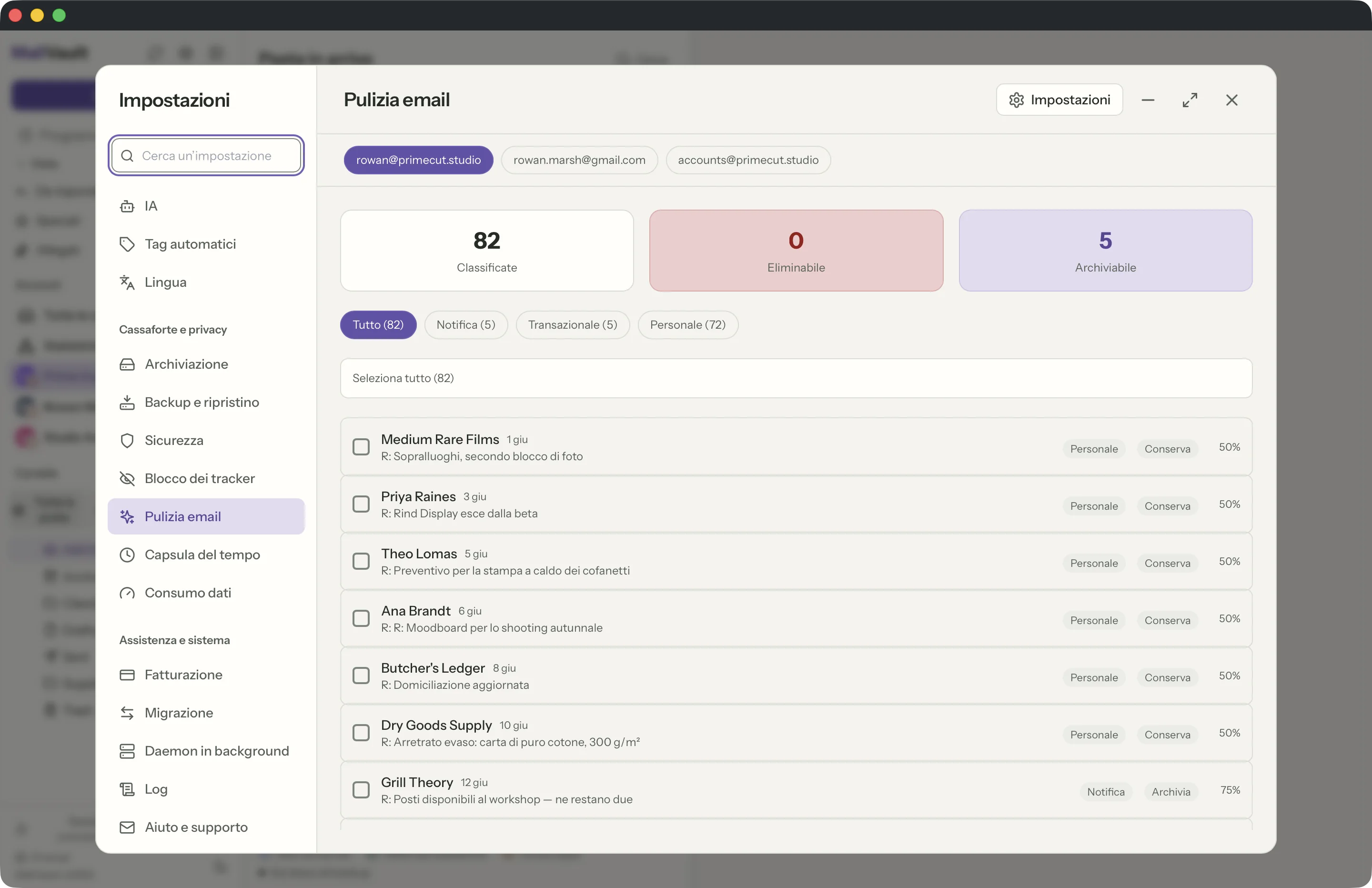 Pulizia email nella finestra di MailVault · MailVault version 2.16.0
