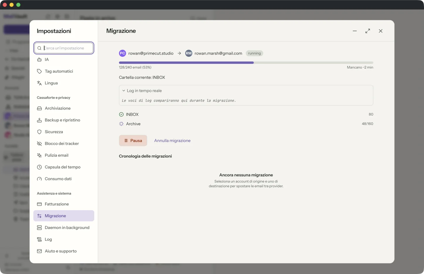 Migrazione della casella in MailVault · MailVault version 2.16.0