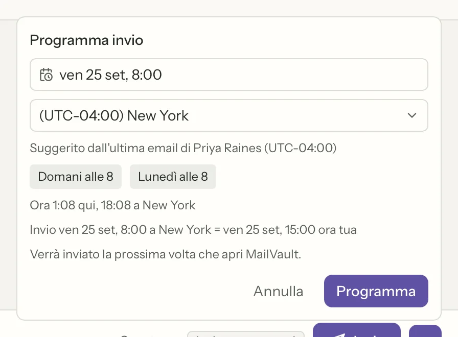 Invio programmato in MailVault, primo piano · MailVault version 2.16.0