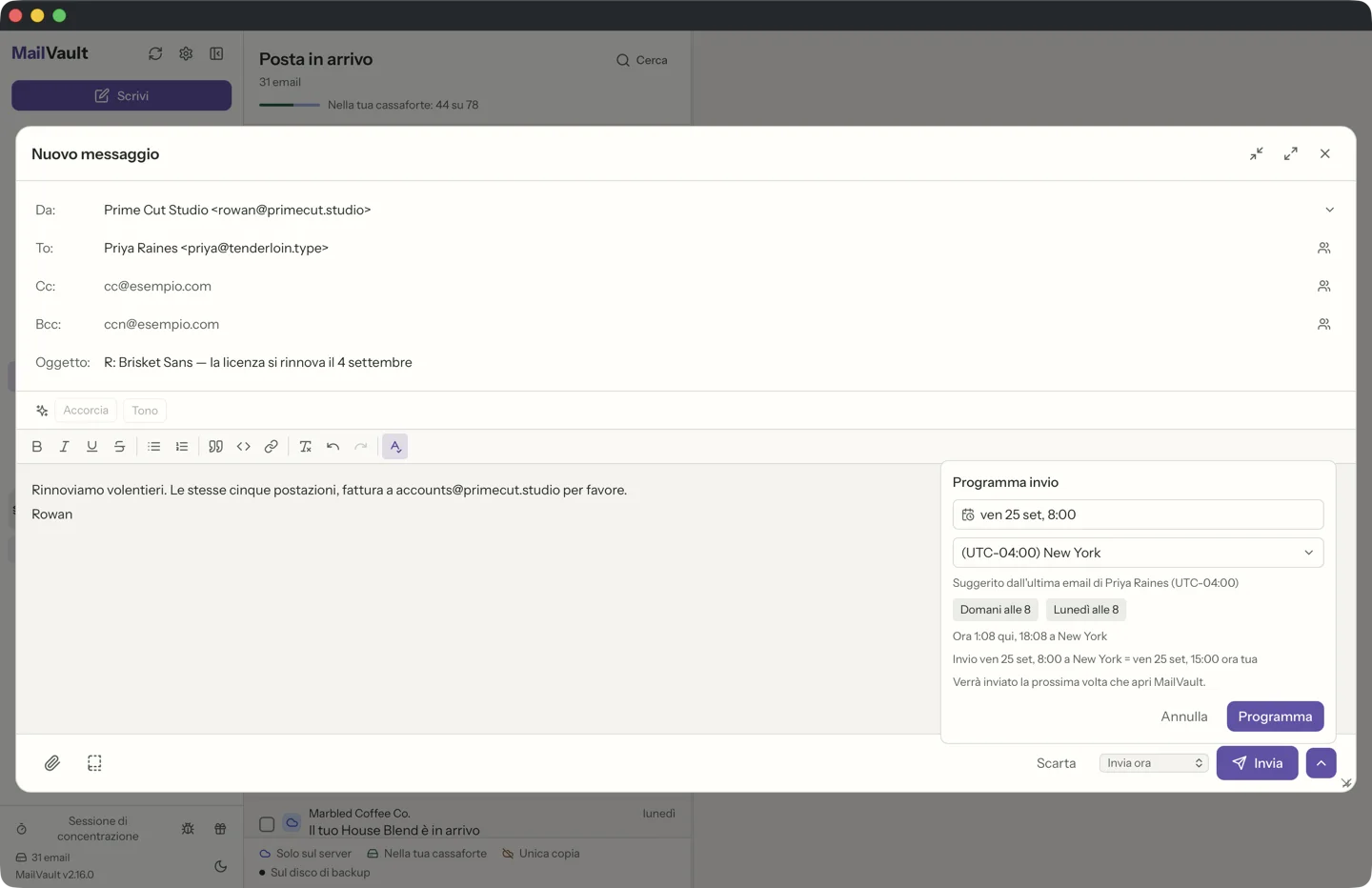 L’invio programmato in MailVault · MailVault version 2.16.0