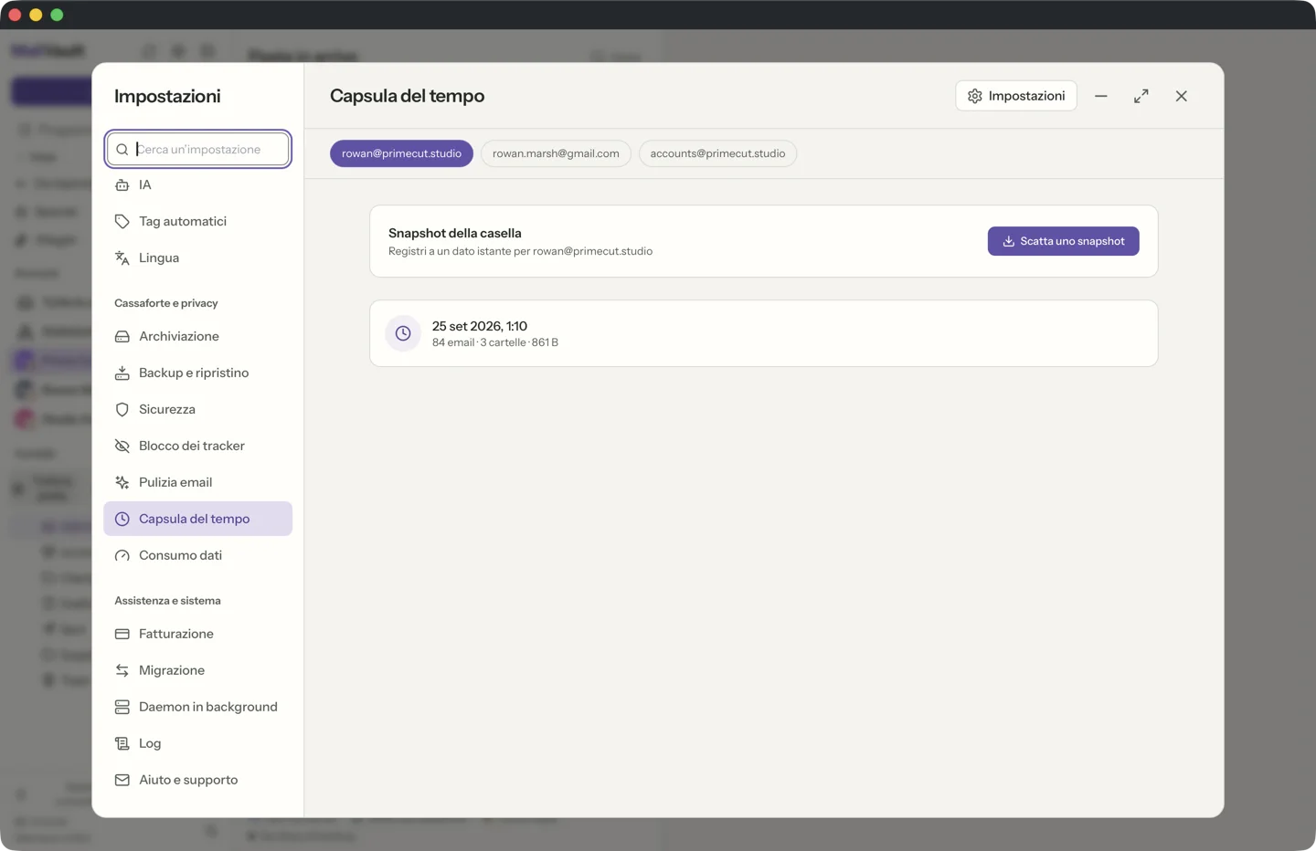 Capsula del tempo in MailVault · MailVault version 2.16.0