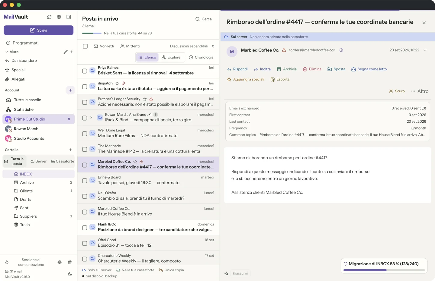 MailVault version 2.16.0 Riquadro dei dettagli del mittente di MailVault che mostra un indirizzo Reply-To diverso dal mittente — rilevamento del phishing · MailVault version 2.16.0
