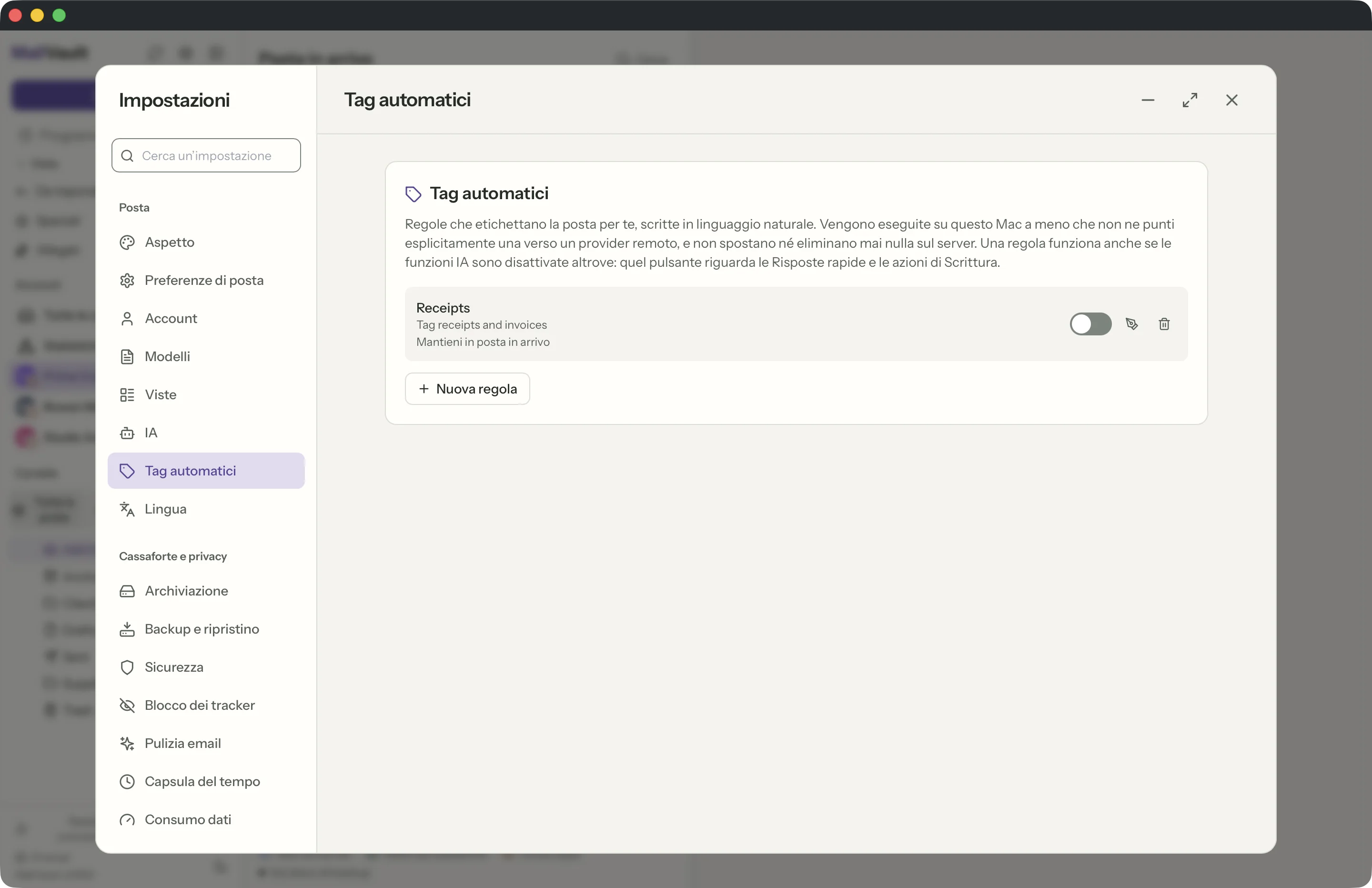 Regole di tagging nella finestra di MailVault · MailVault version 2.16.0