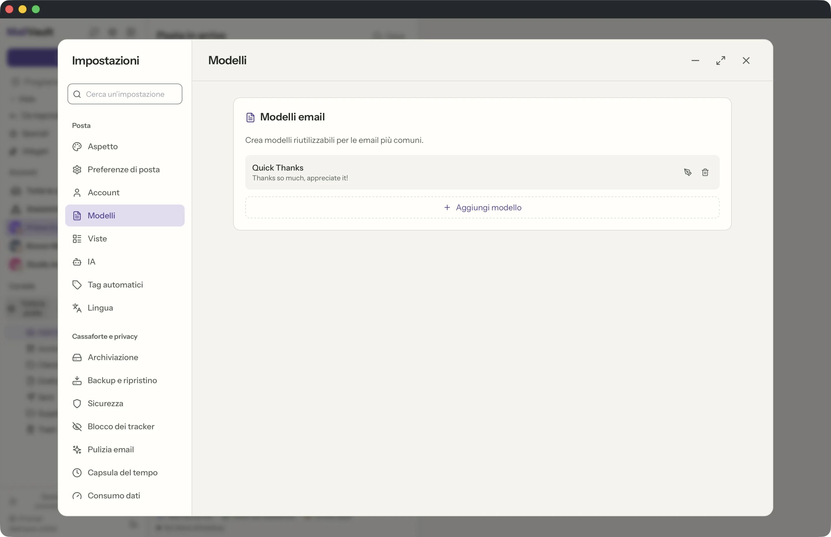Modelli nella finestra di MailVault · MailVault version 2.16.0