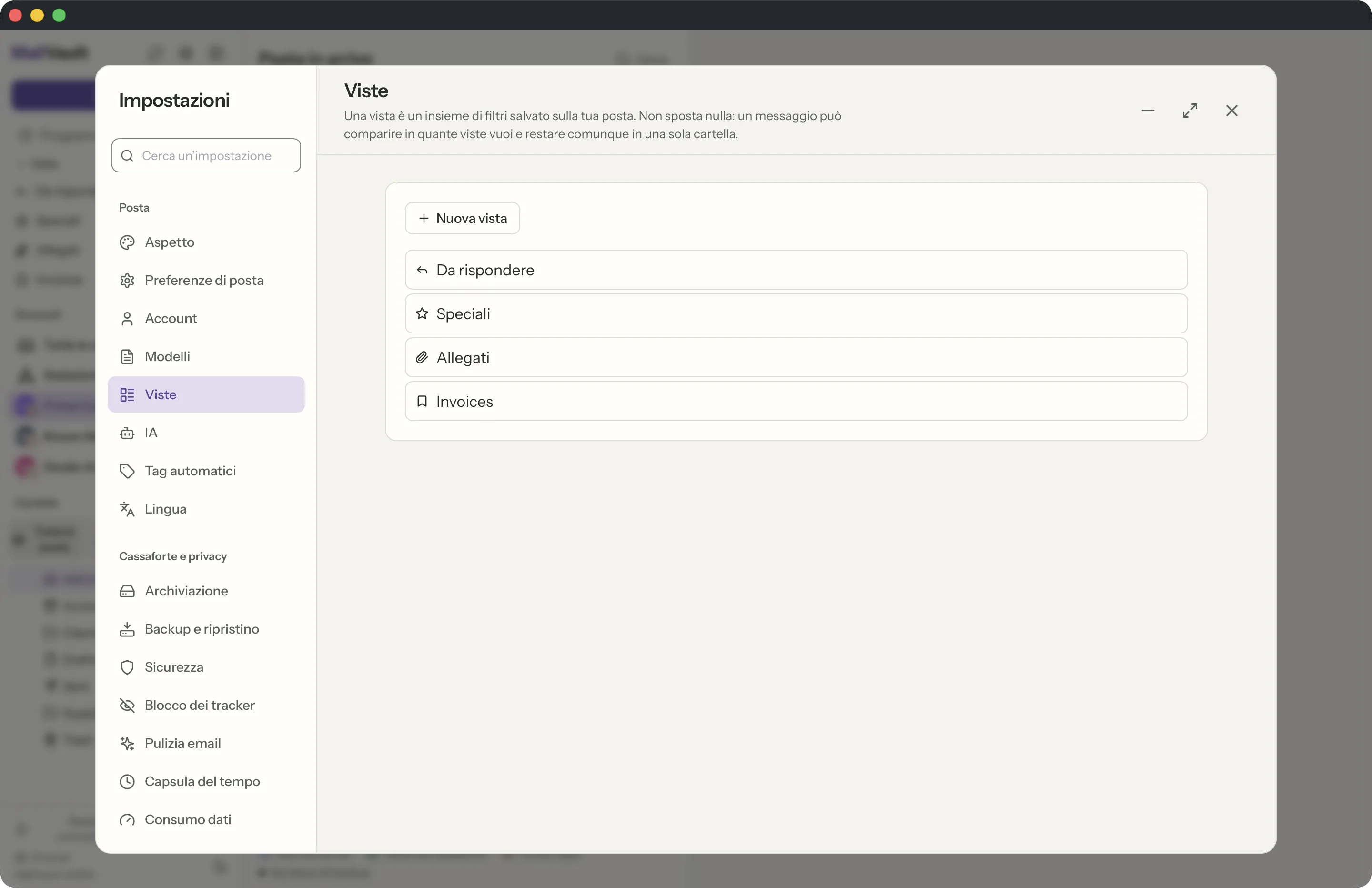 Viste salvate nella finestra di MailVault · MailVault version 2.16.0