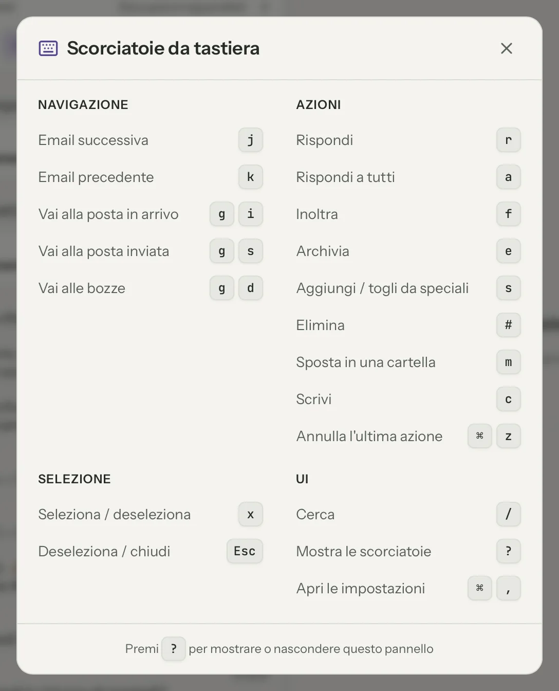 Scorciatoie da tastiera in MailVault, primo piano · MailVault version 2.16.0