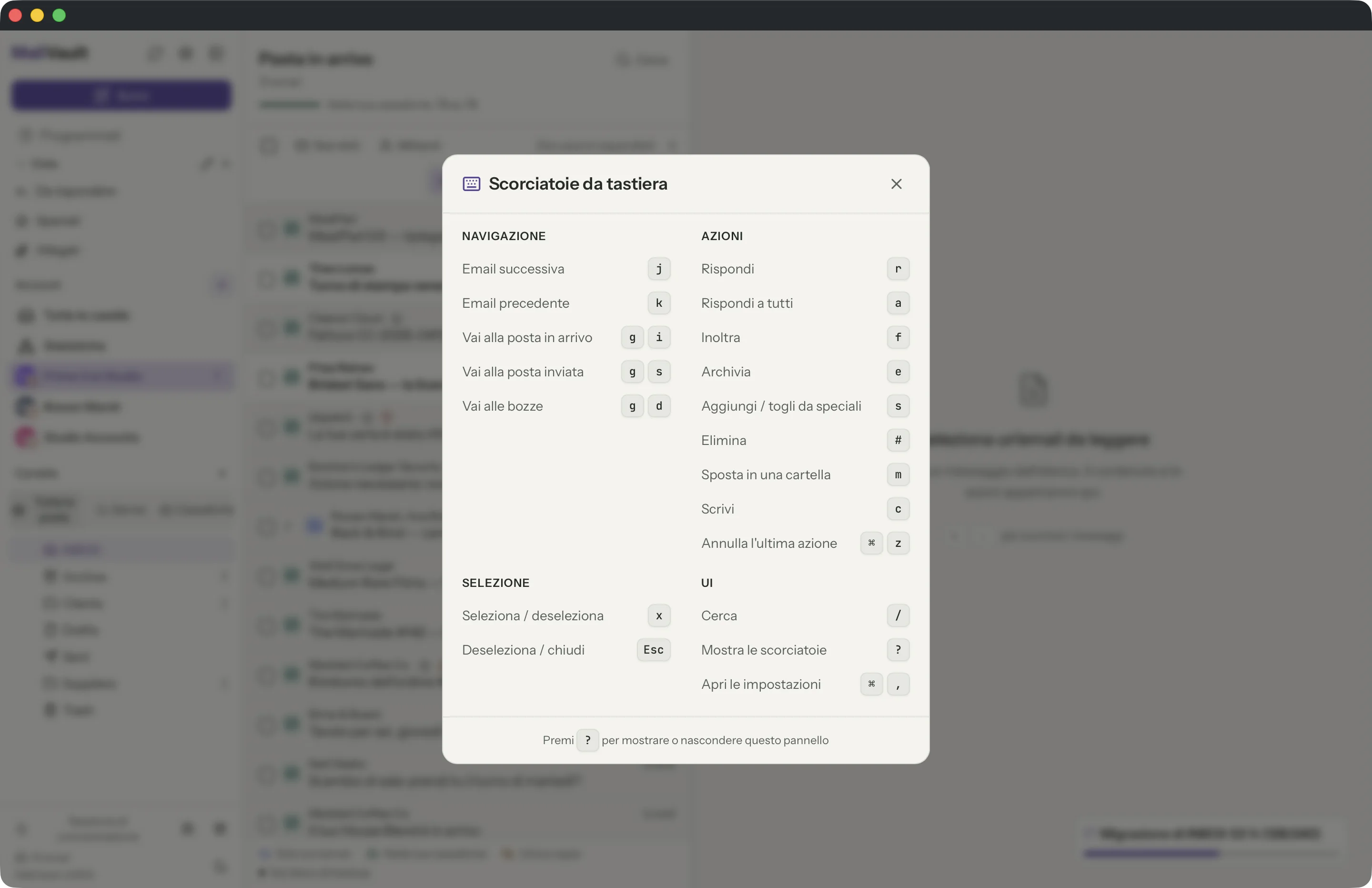 Scorciatoie da tastiera nella finestra di MailVault · MailVault version 2.16.0