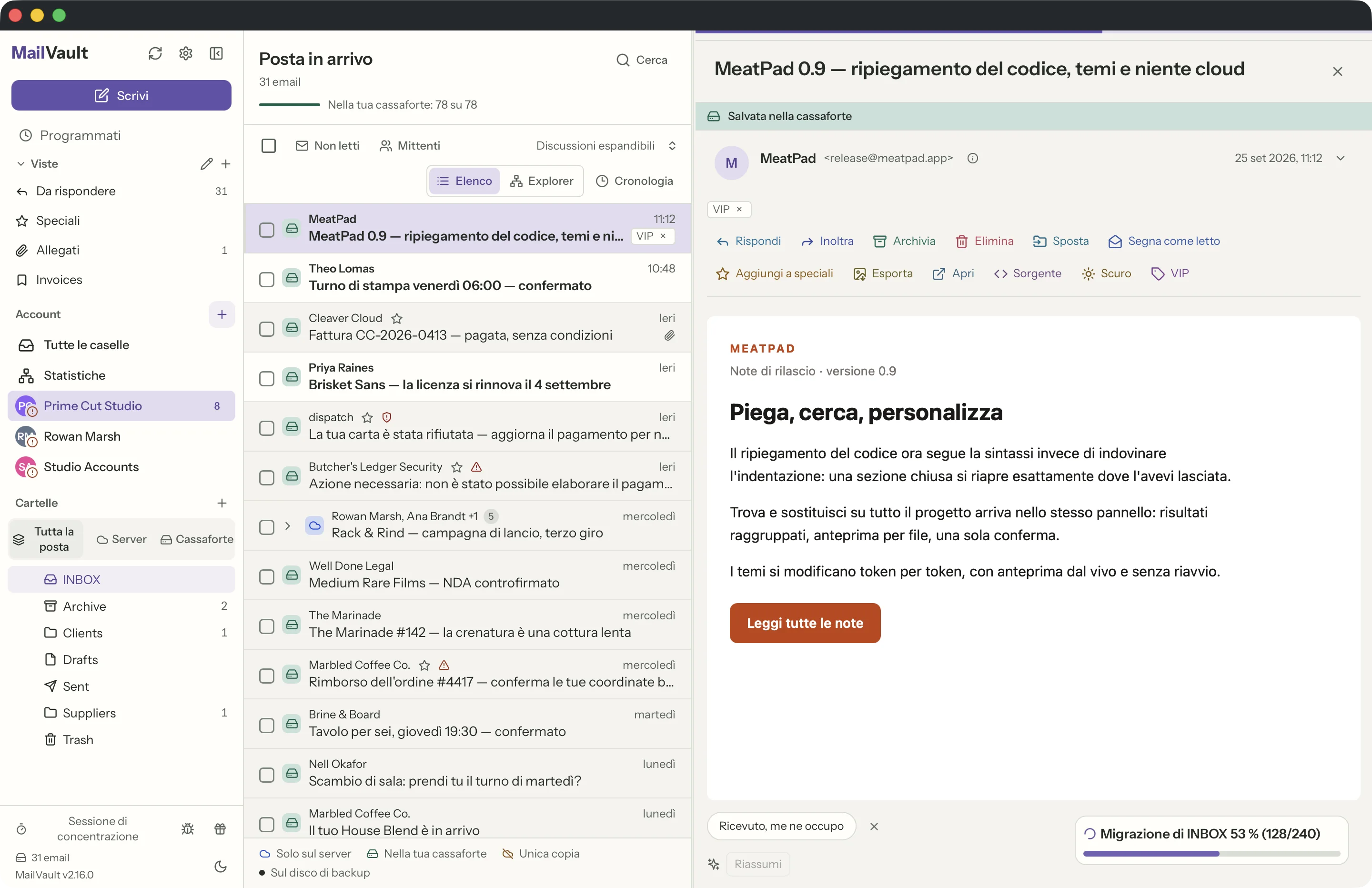 Tag nella finestra di MailVault · MailVault version 2.16.0