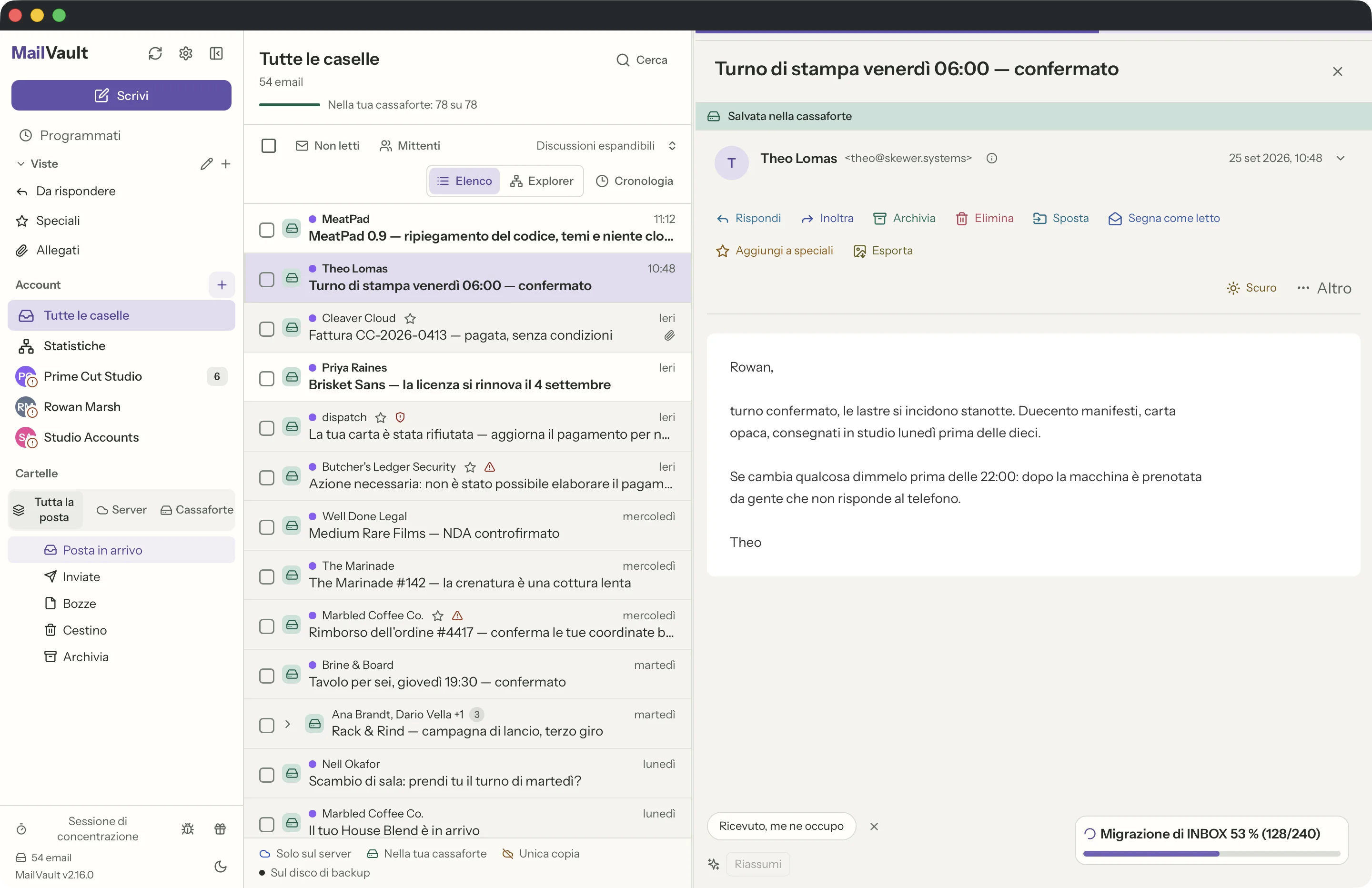 Casella unificata nella finestra di MailVault · MailVault version 2.16.0