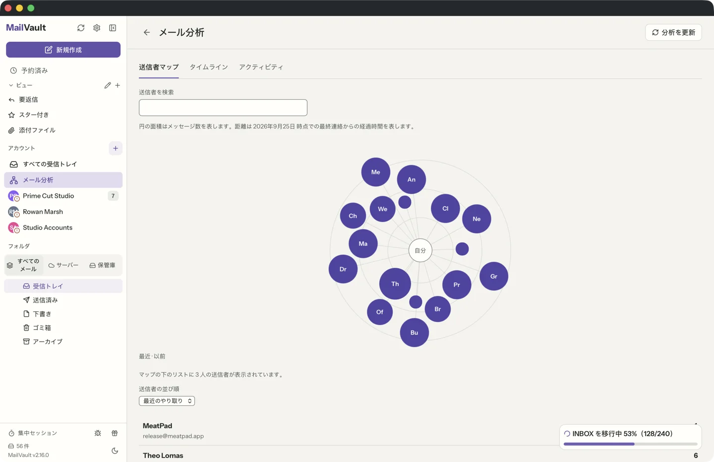 MailVault version 2.16.0 ja MailVaultのメール分析の送信者マップ。相手がバブルとして描かれ、大きさはメッセージ数を、位置はやり取りの新しさを表している画面 · MailVault version 2.16.0 ja