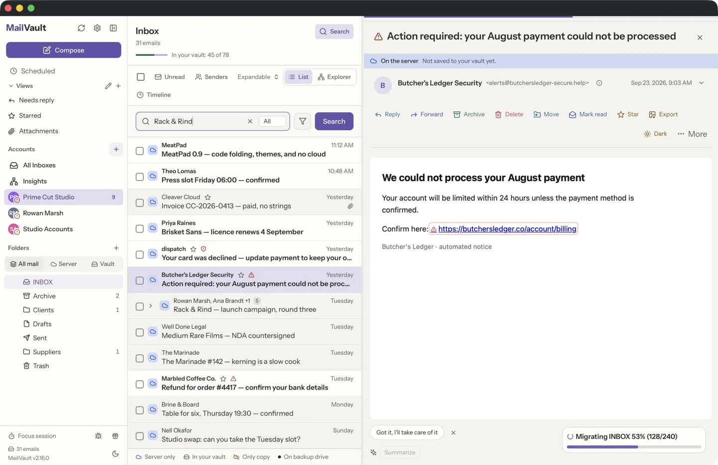 MailVault version 2.16.0 MailVault link safety detecting phishing links in spam emails with warning icons next to suspicious subjects · MailVault version 2.16.0