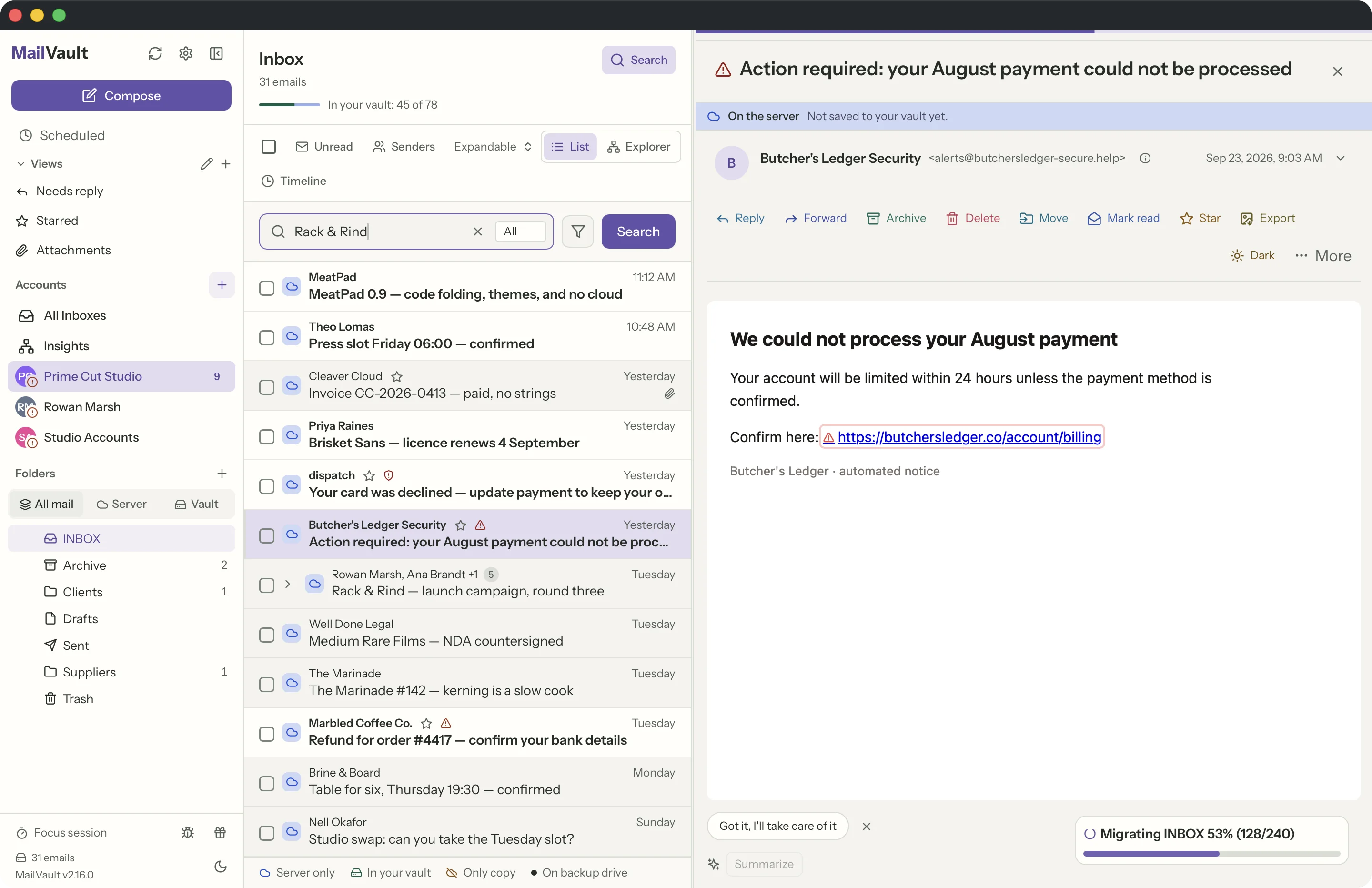 Link safety in the MailVault window · MailVault version 2.16.0