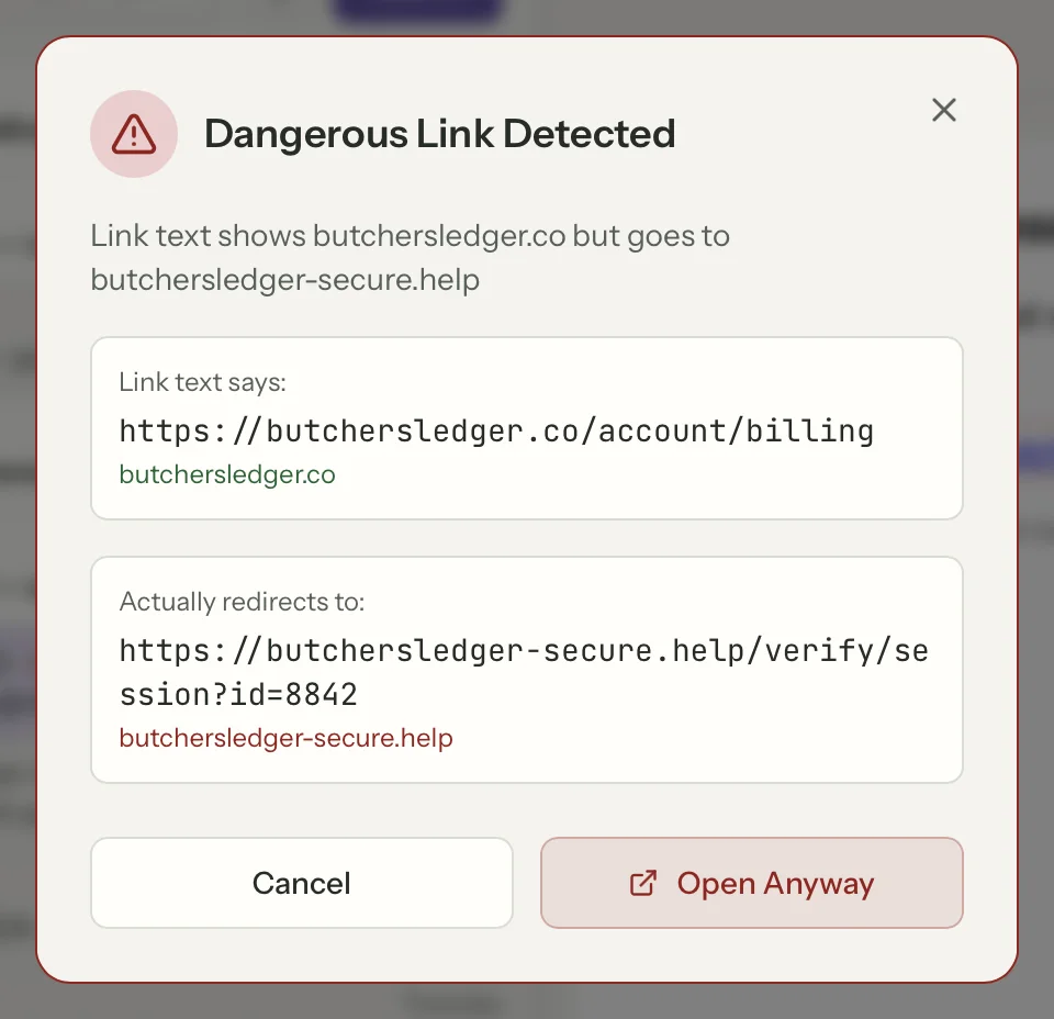 Link safety in MailVault, close up · MailVault version 2.16.0