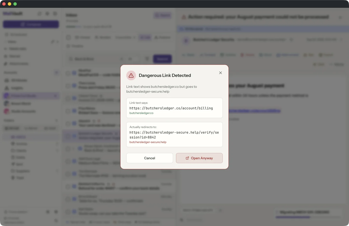 MailVault version 2.16.0 MailVault suspicious link modal showing link text vs actual redirect destination · MailVault version 2.16.0