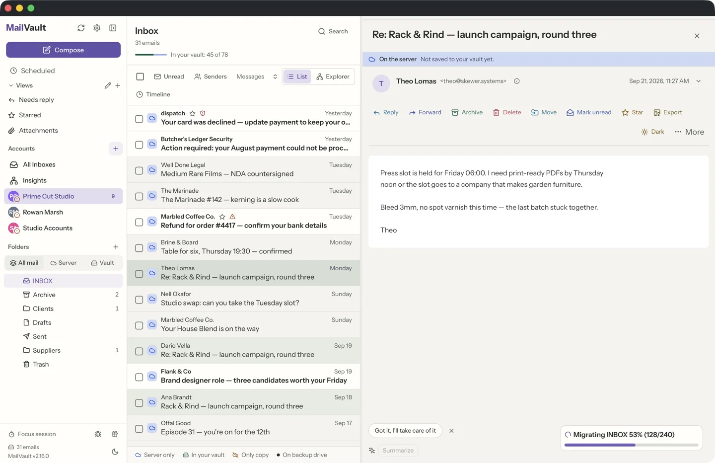 MailVault message list marking the open message in solid grey with the rest of its conversation a lighter grey · MailVault version 2.16.0 en