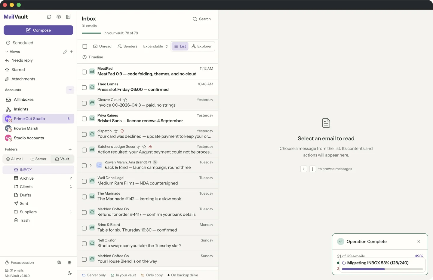 MailVault local view showing emails kept on disk after deletion from the server · MailVault version 2.16.0 en