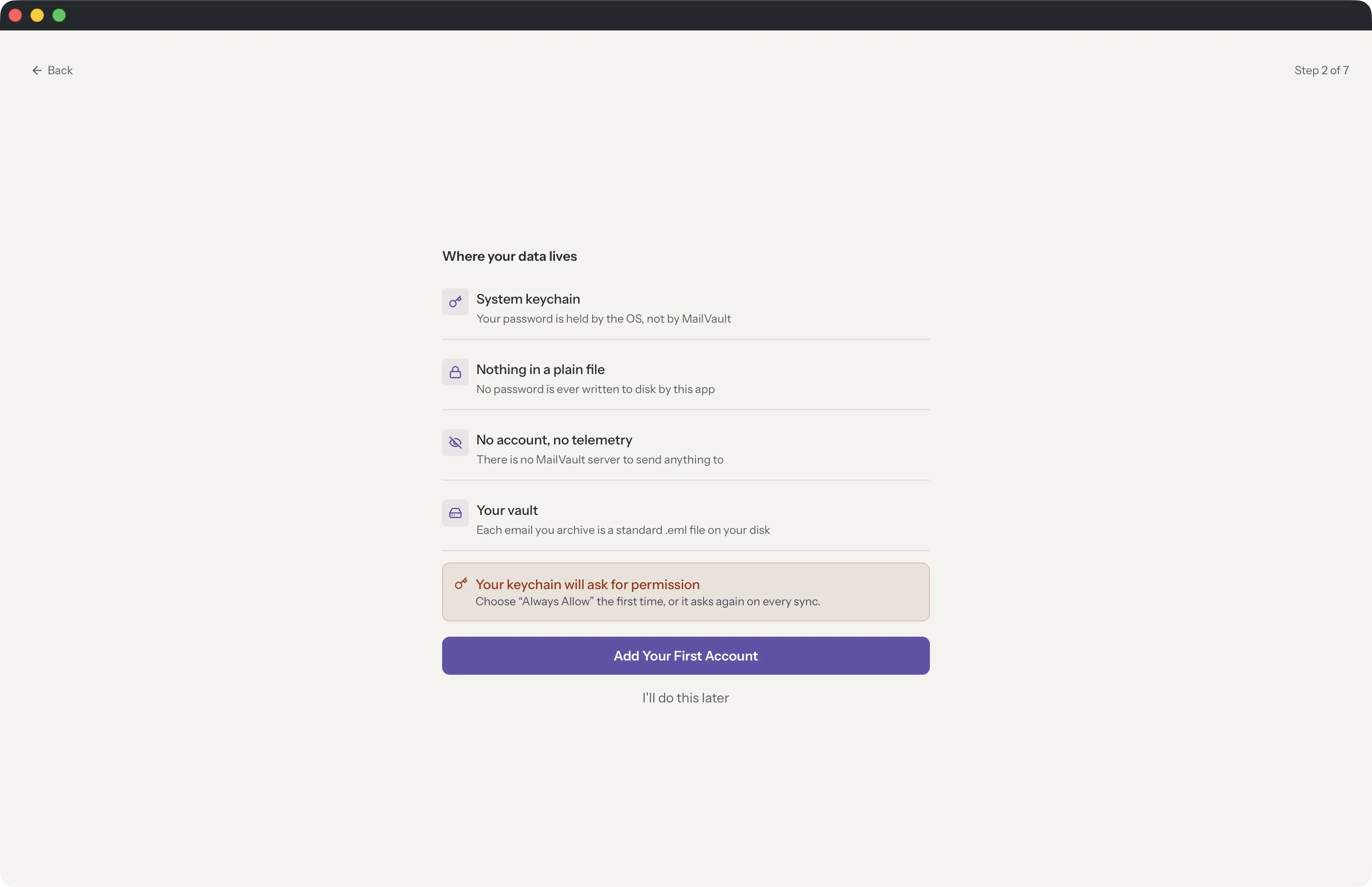 No MailVault account in the MailVault window · MailVault version 2.16.0