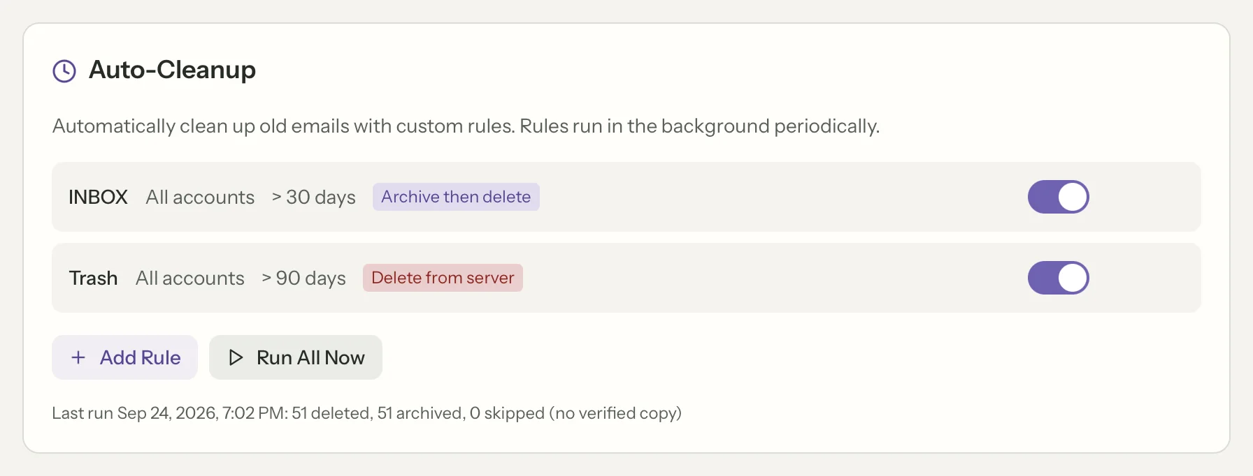 Archive & delete in MailVault, close up · MailVault version 2.16.0