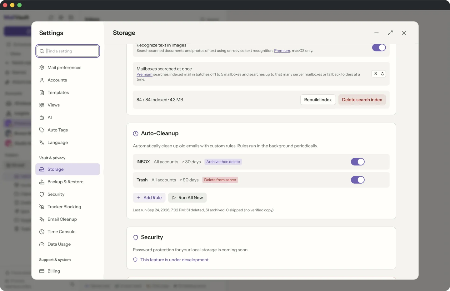 Auto-cleanup rules in MailVault · MailVault version 2.16.0