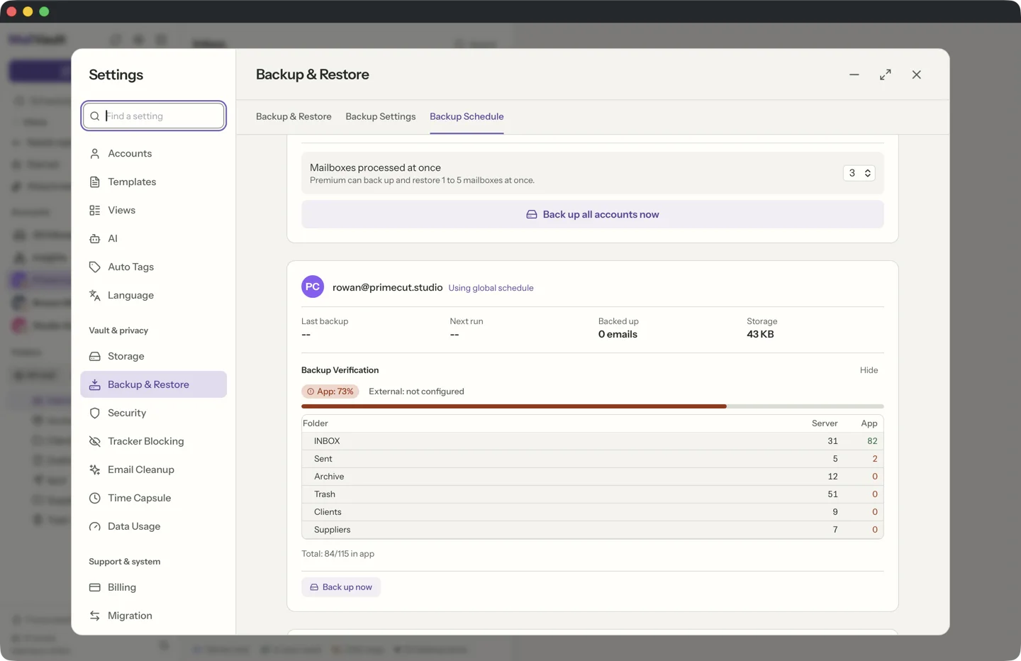 Backup health monitoring in MailVault · MailVault version 2.16.0