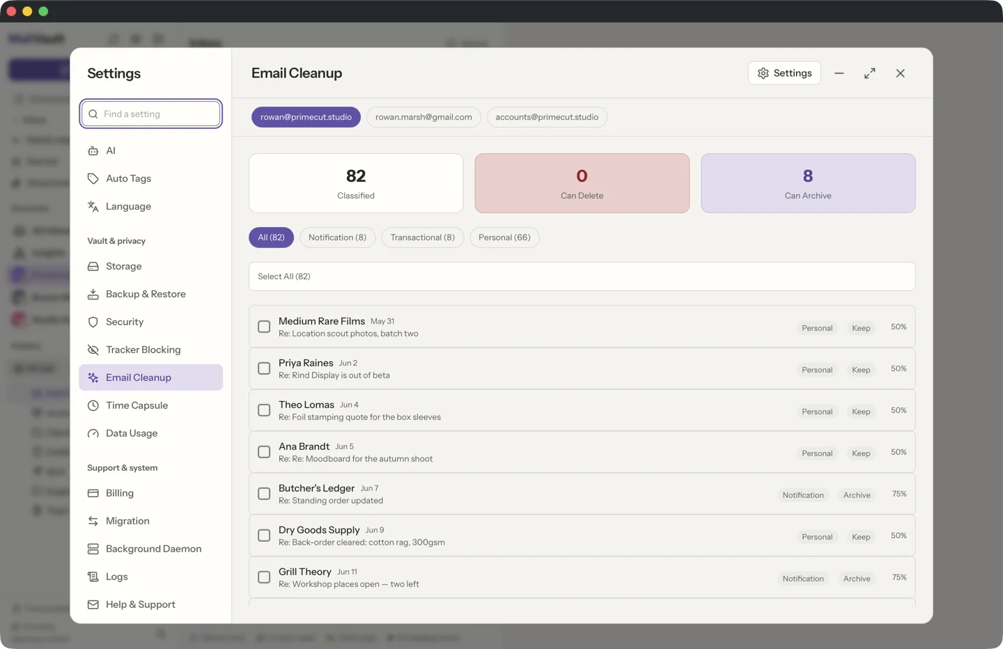 Email Cleanup in MailVault · MailVault version 2.16.0