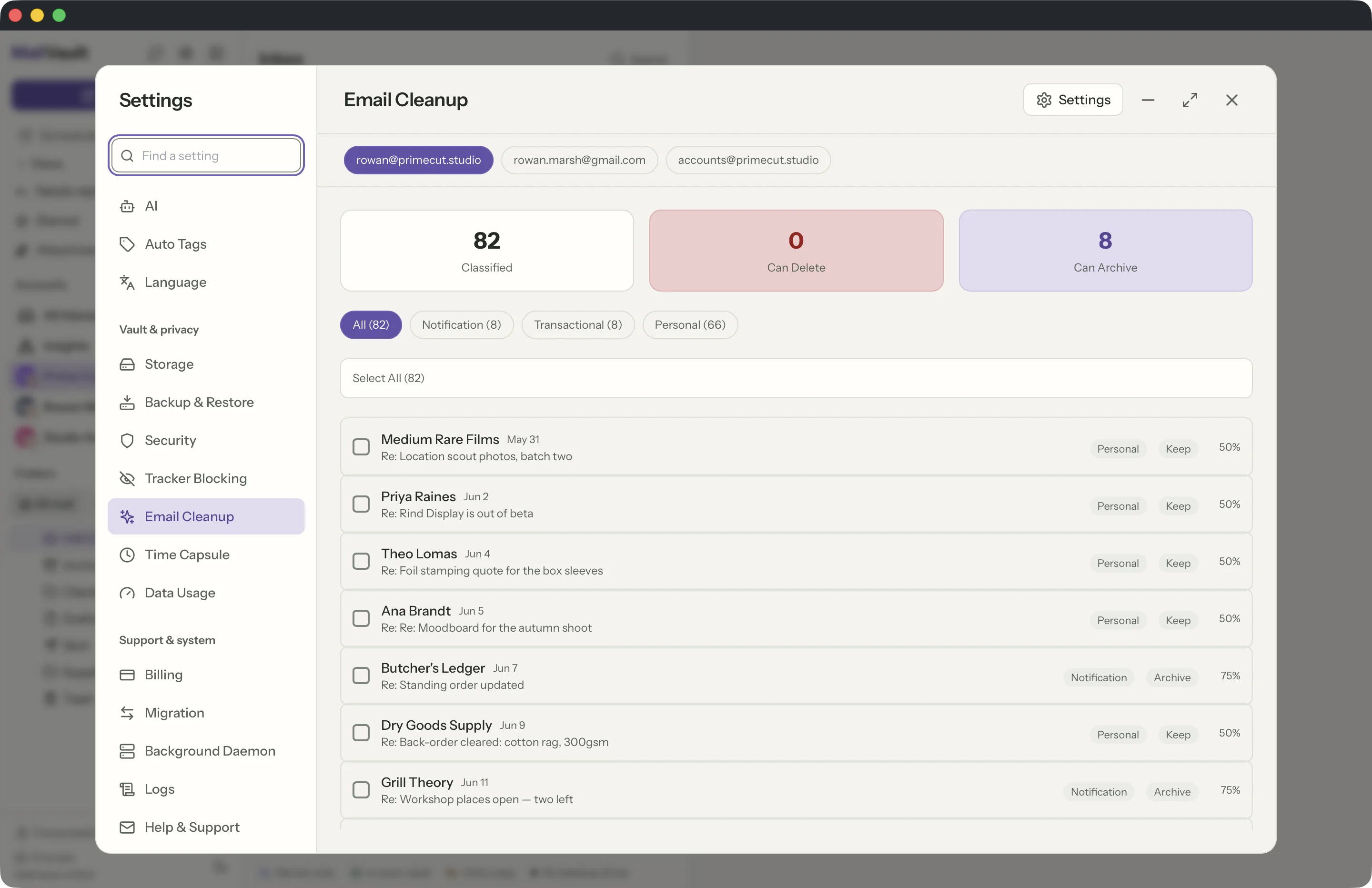 Email Cleanup in the MailVault window · MailVault version 2.16.0