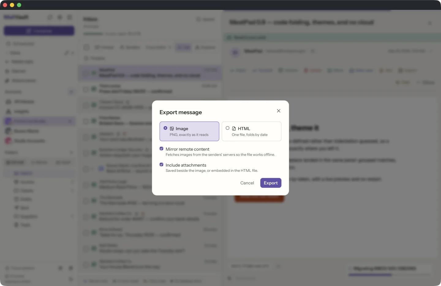 Export as image or HTML in MailVault · MailVault version 2.16.0