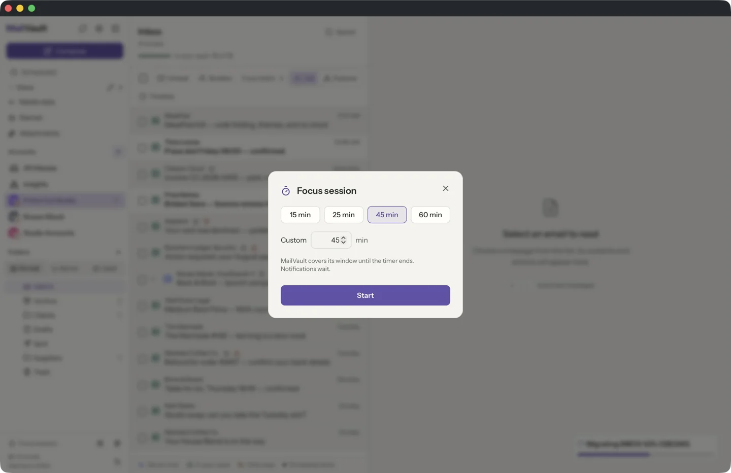 Focus sessions in MailVault · MailVault version 2.16.0