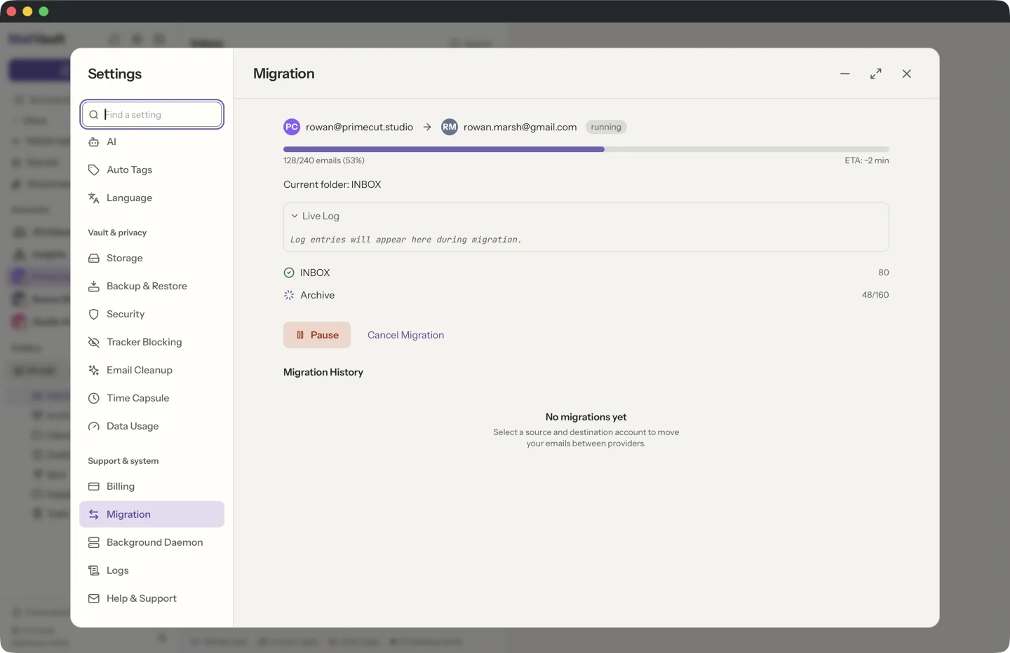 Mailbox migration in MailVault · MailVault version 2.16.0